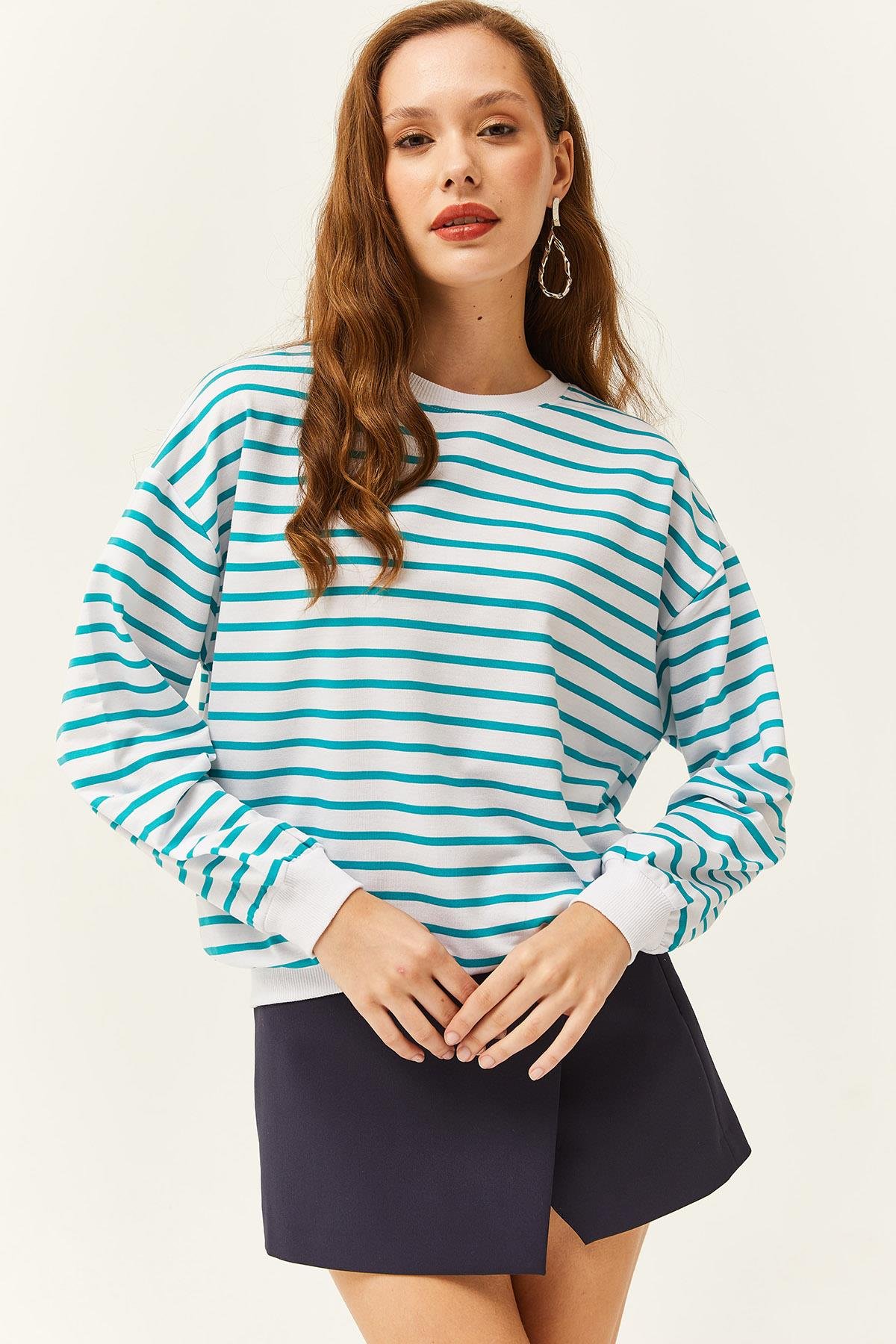 Basic Yumuşak Dokulu Salaş Sweatshirt Turkuaz