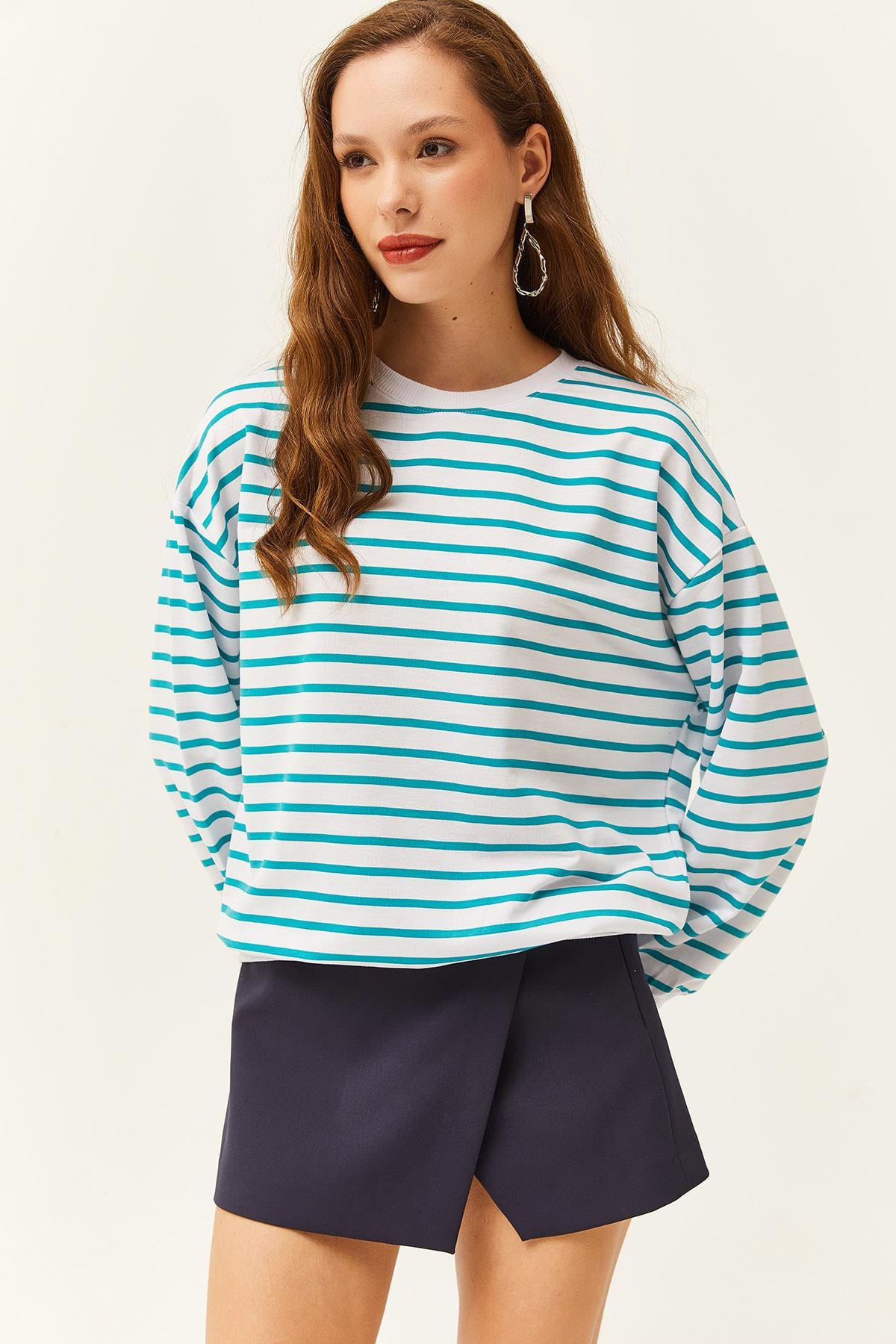 Basic Yumuşak Dokulu Salaş Sweatshirt Turkuaz