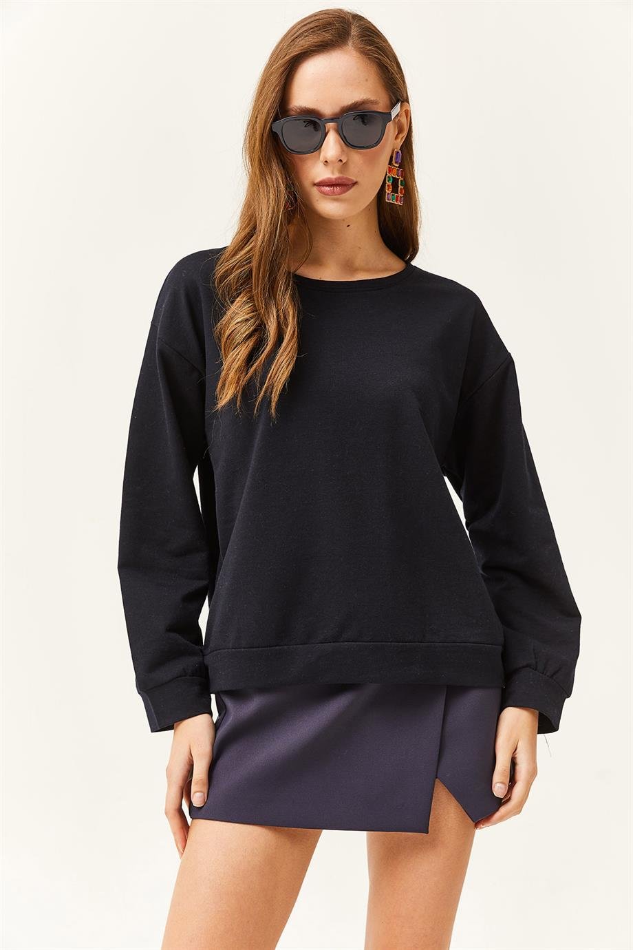 Basic Yumuşak Dokulu Salaş Sweatshirt Lacivert