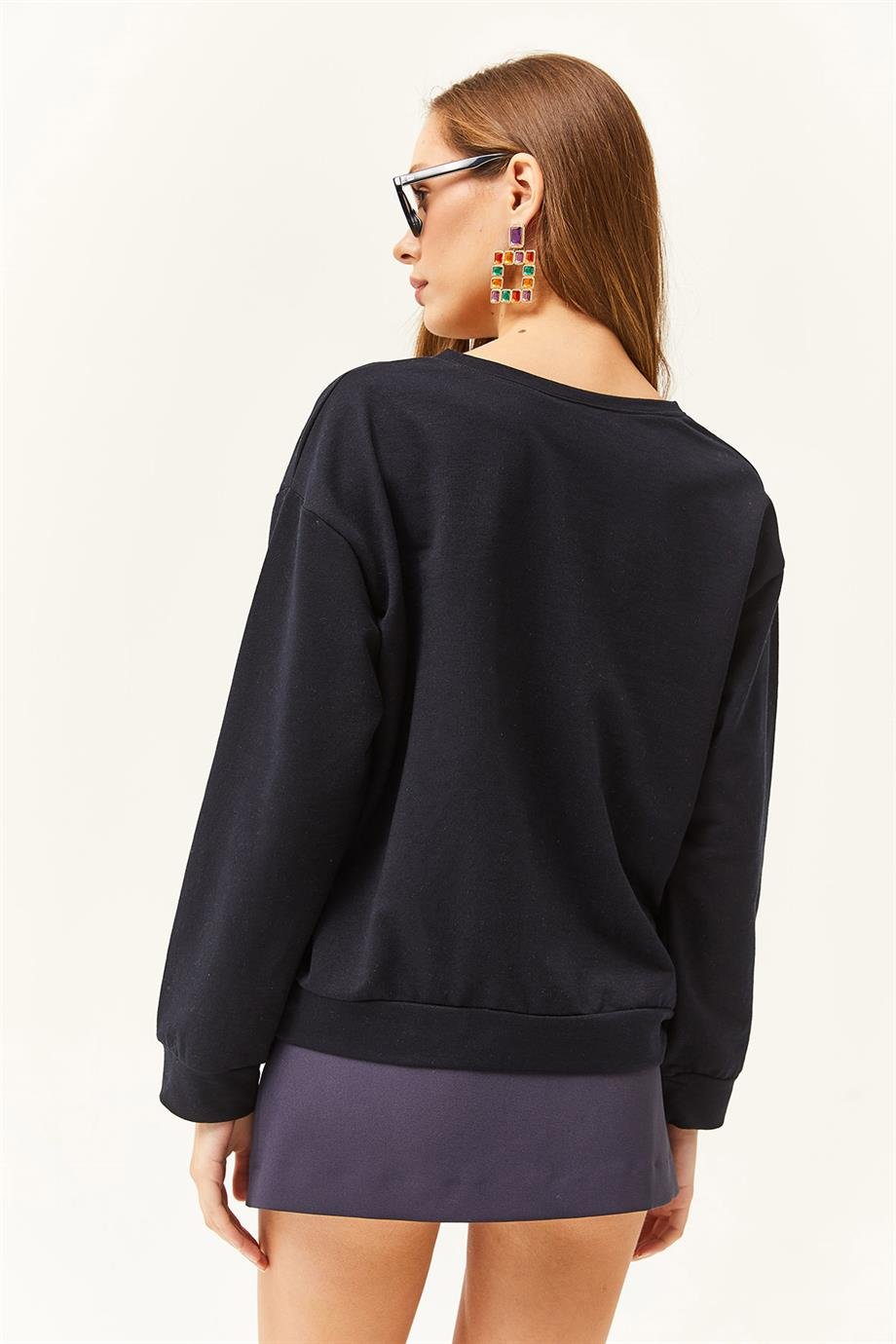 Basic Yumuşak Dokulu Salaş Sweatshirt Lacivert