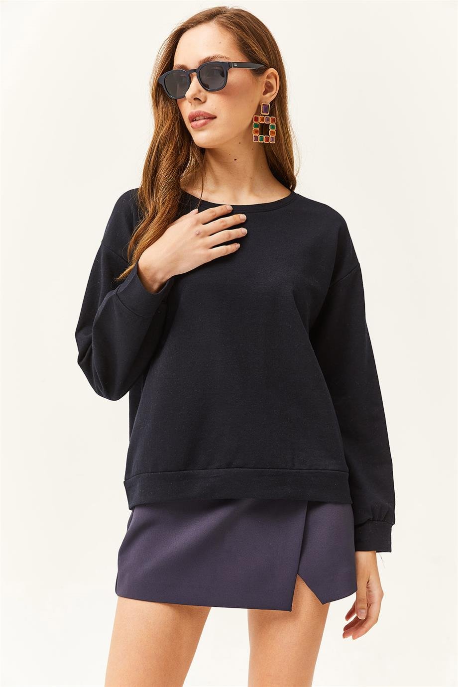 Basic Yumuşak Dokulu Salaş Sweatshirt Lacivert