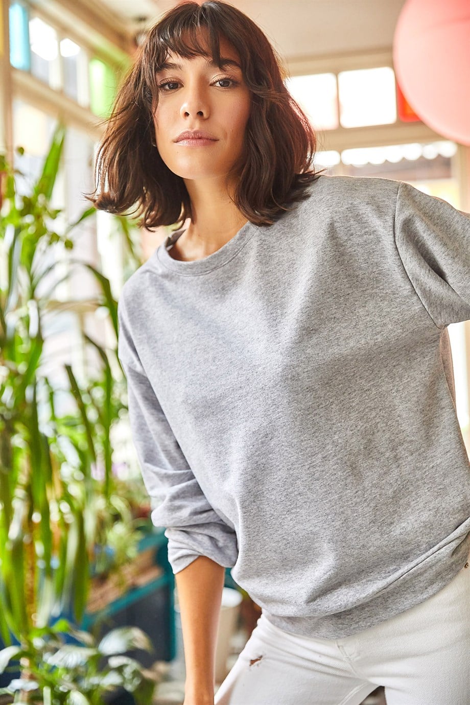 Basic Yumuşak Dokulu Salaş Sweatshirt Gri Melanj