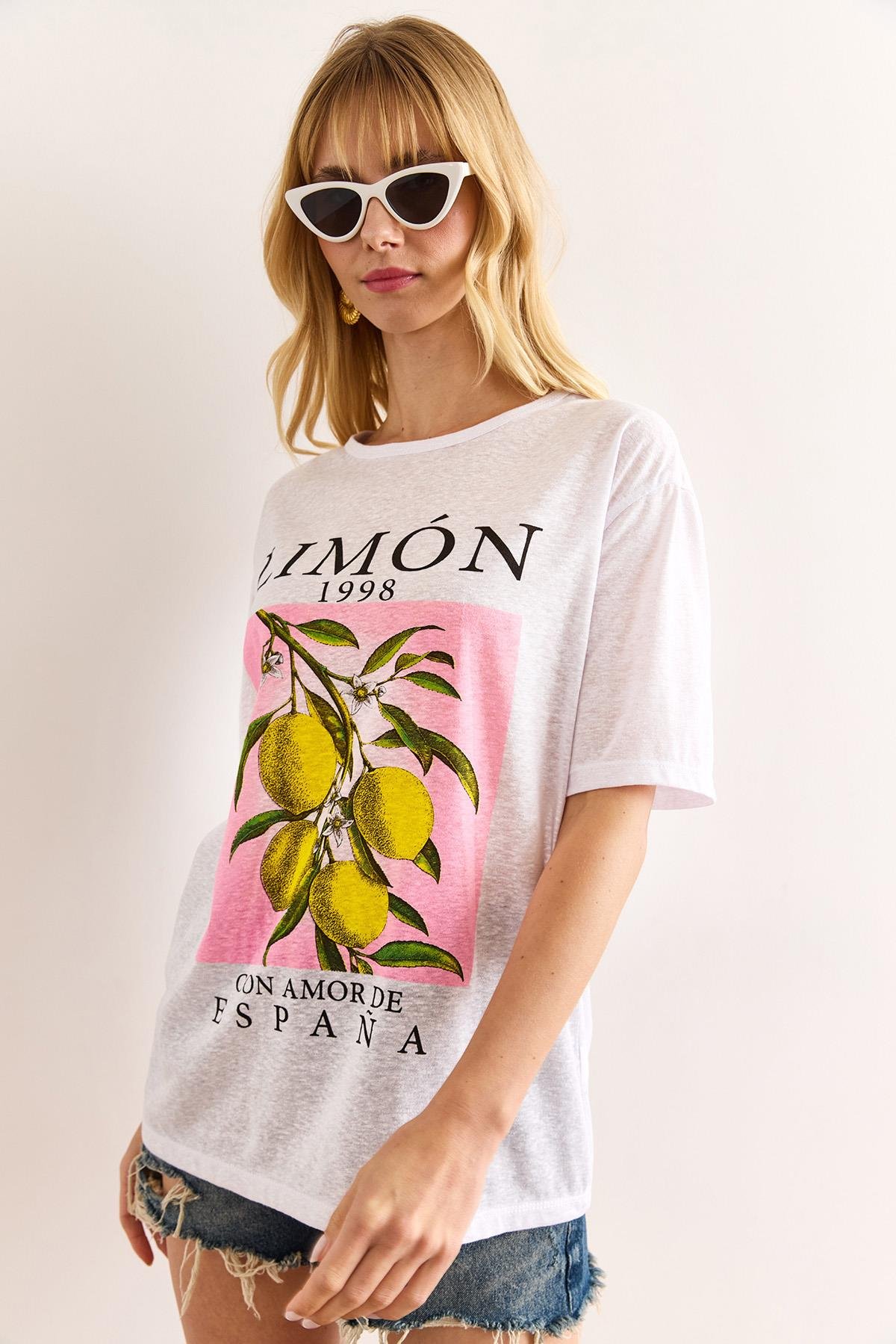 Baskılı Flamlı Tişört Limon Beyaz