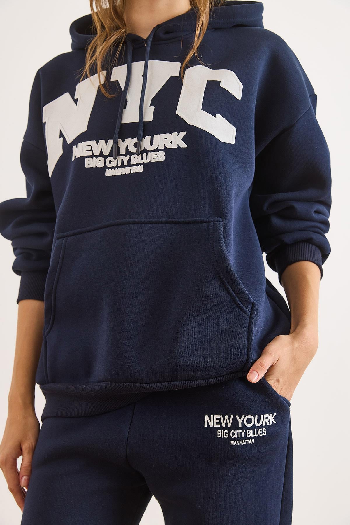 Baskılı Şardonlu Kalın Eşofman Takımı NYC Lacivert