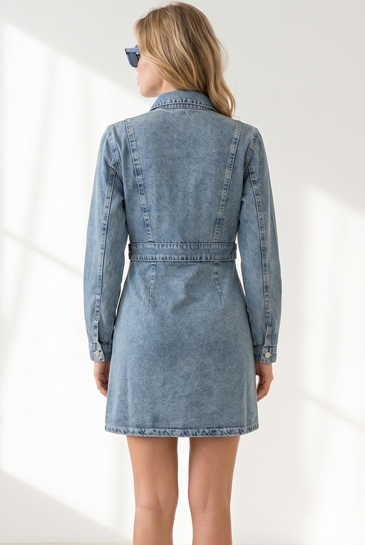 Bel Detaylı Mini Denim Elbise Mavi