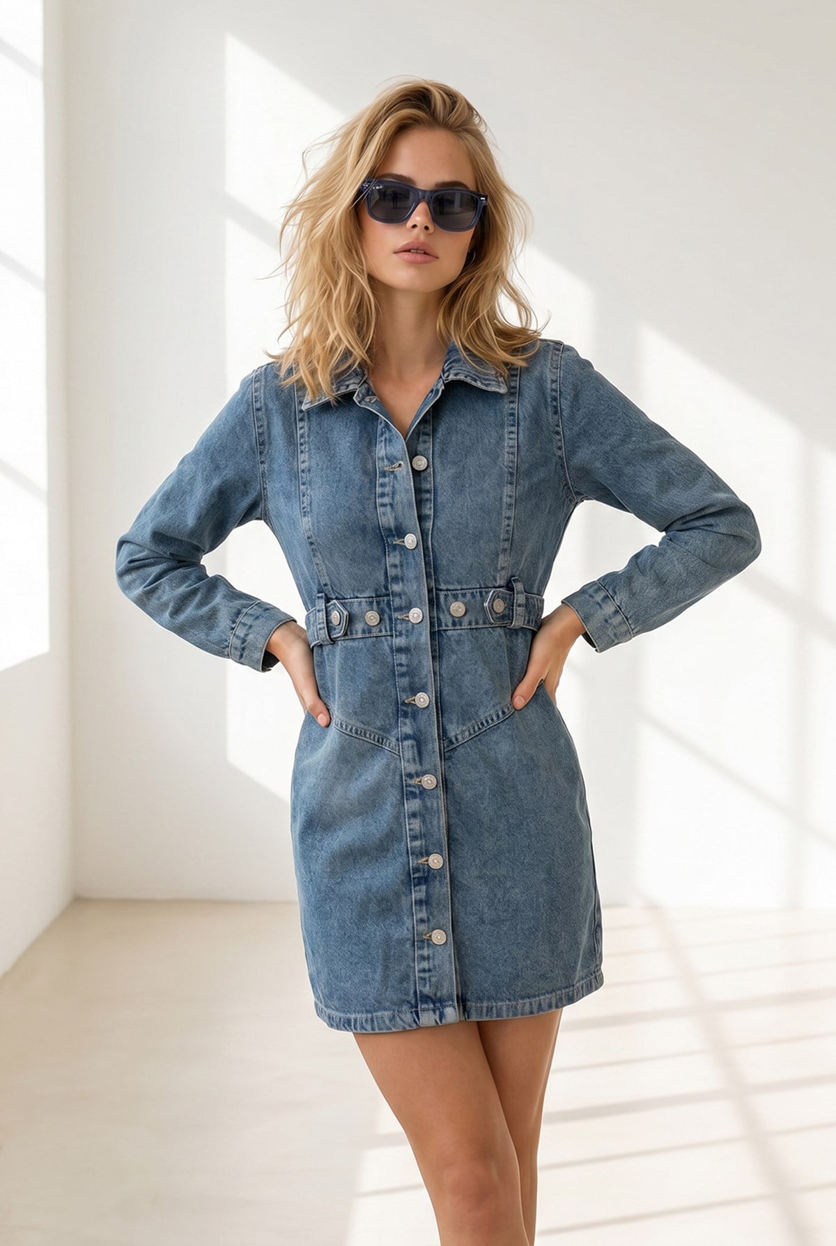 Bel Detaylı Mini Denim Elbise Mavi