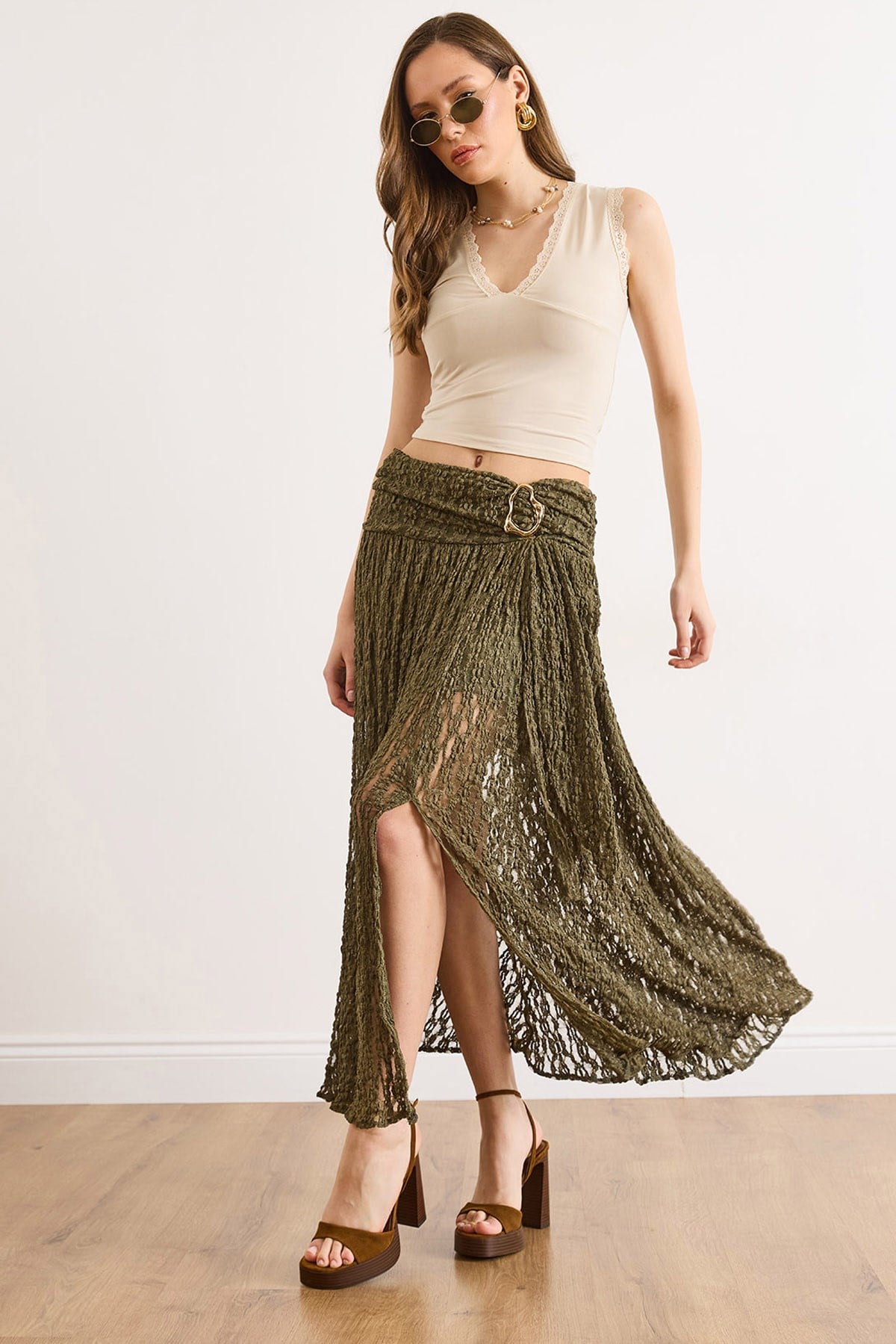 Beli Aksesuarlı Astarlı Yırtmaçlı Boho Etek Haki