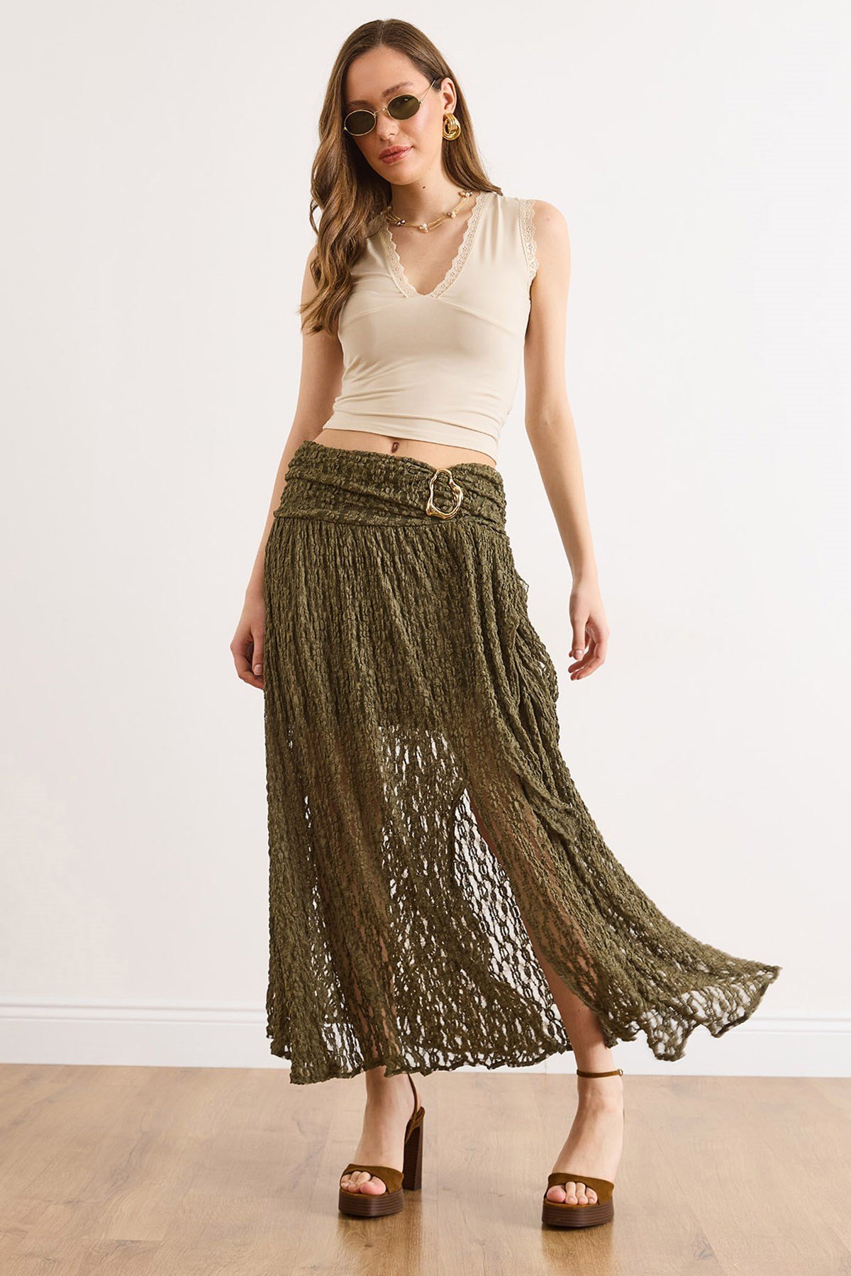 Beli Aksesuarlı Astarlı Yırtmaçlı Boho Etek Haki