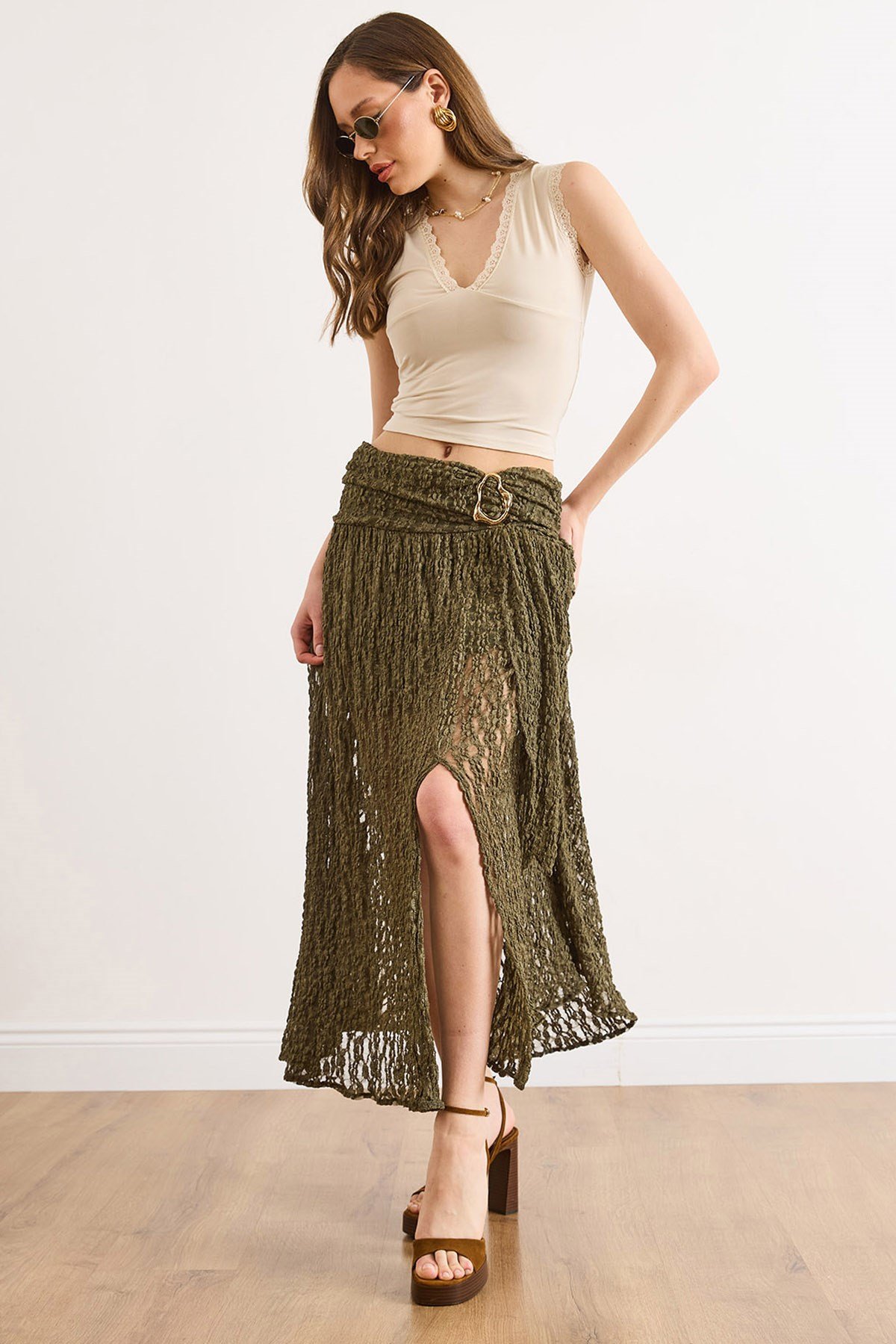 Beli Aksesuarlı Astarlı Yırtmaçlı Boho Etek Haki