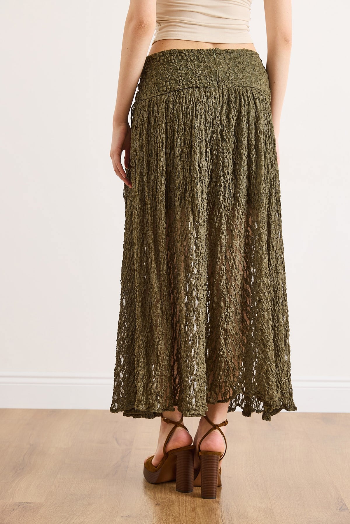 Beli Aksesuarlı Astarlı Yırtmaçlı Boho Etek Haki