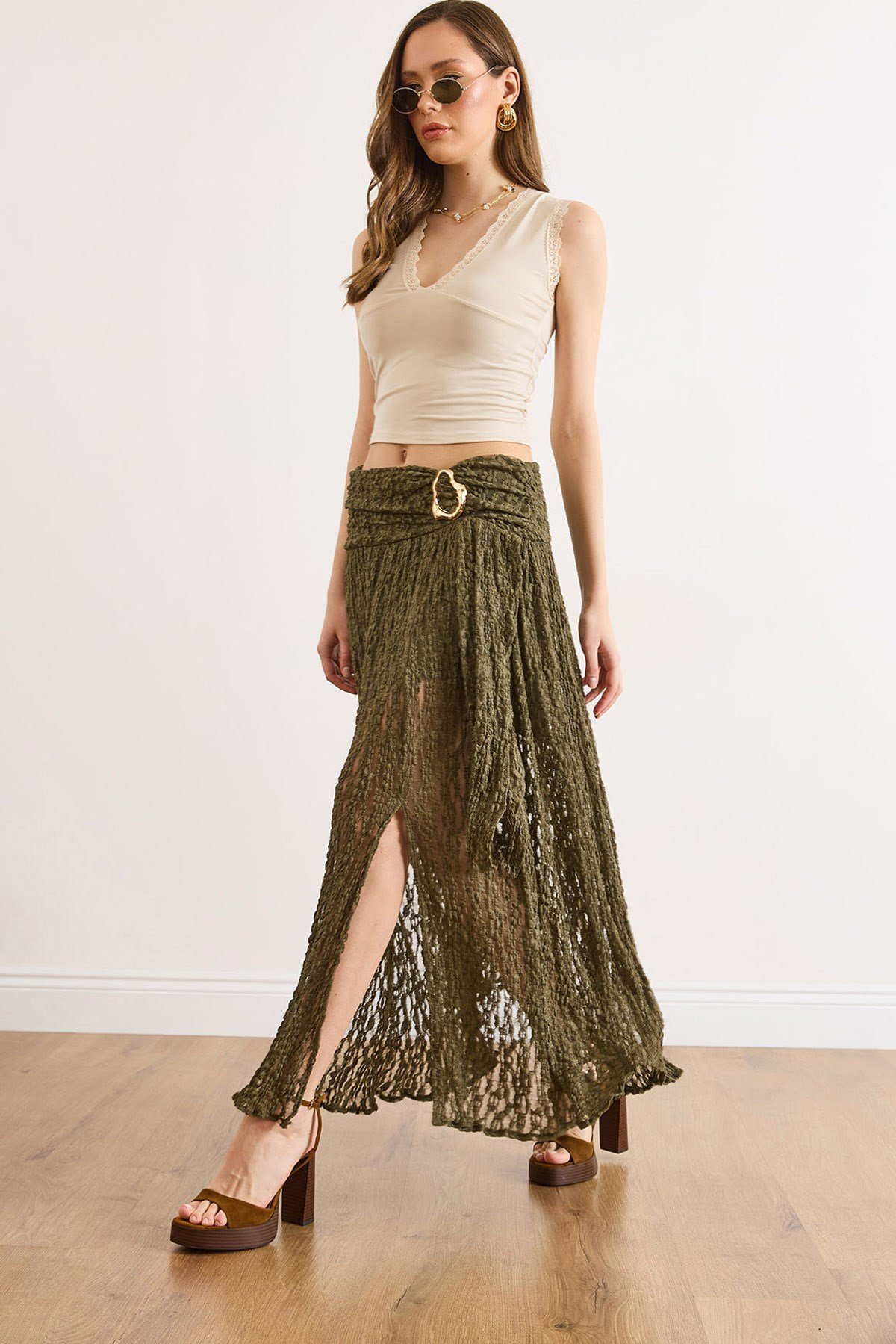 Beli Aksesuarlı Astarlı Yırtmaçlı Boho Etek Haki