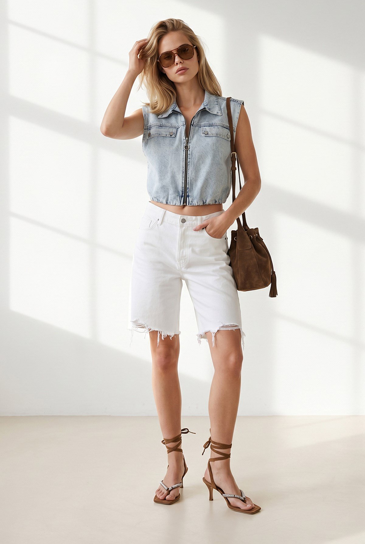 Beli Lastikli Aksesuar Cepli Crop Denim Yelek Açık Mavi