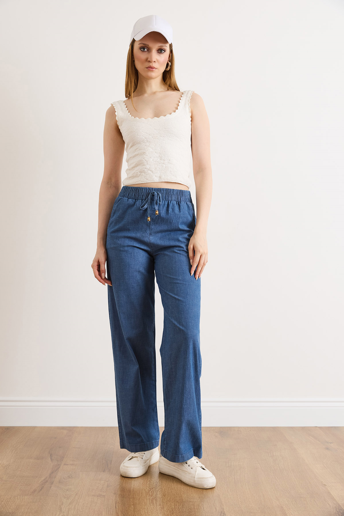 Beli Lastikli Bol Paça Denim Pantolon Mavi