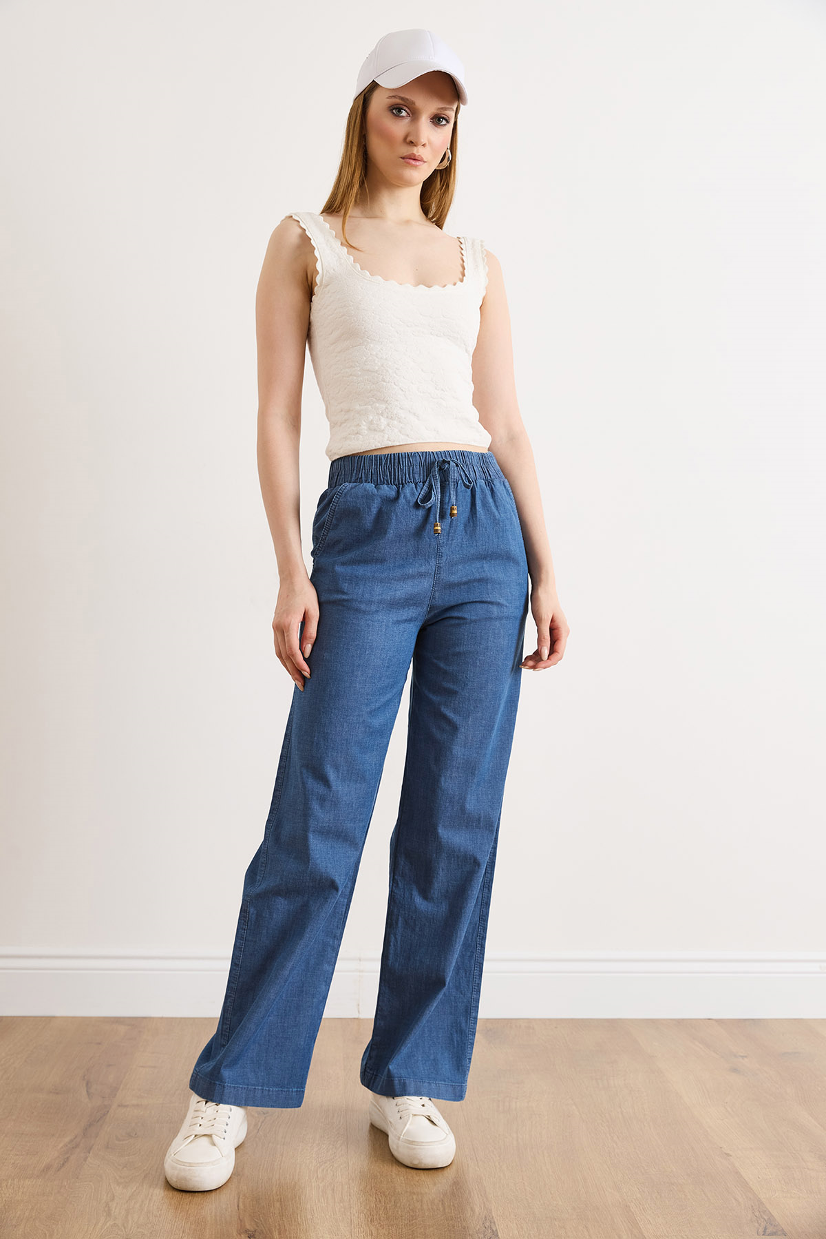 Beli Lastikli Bol Paça Denim Pantolon Mavi