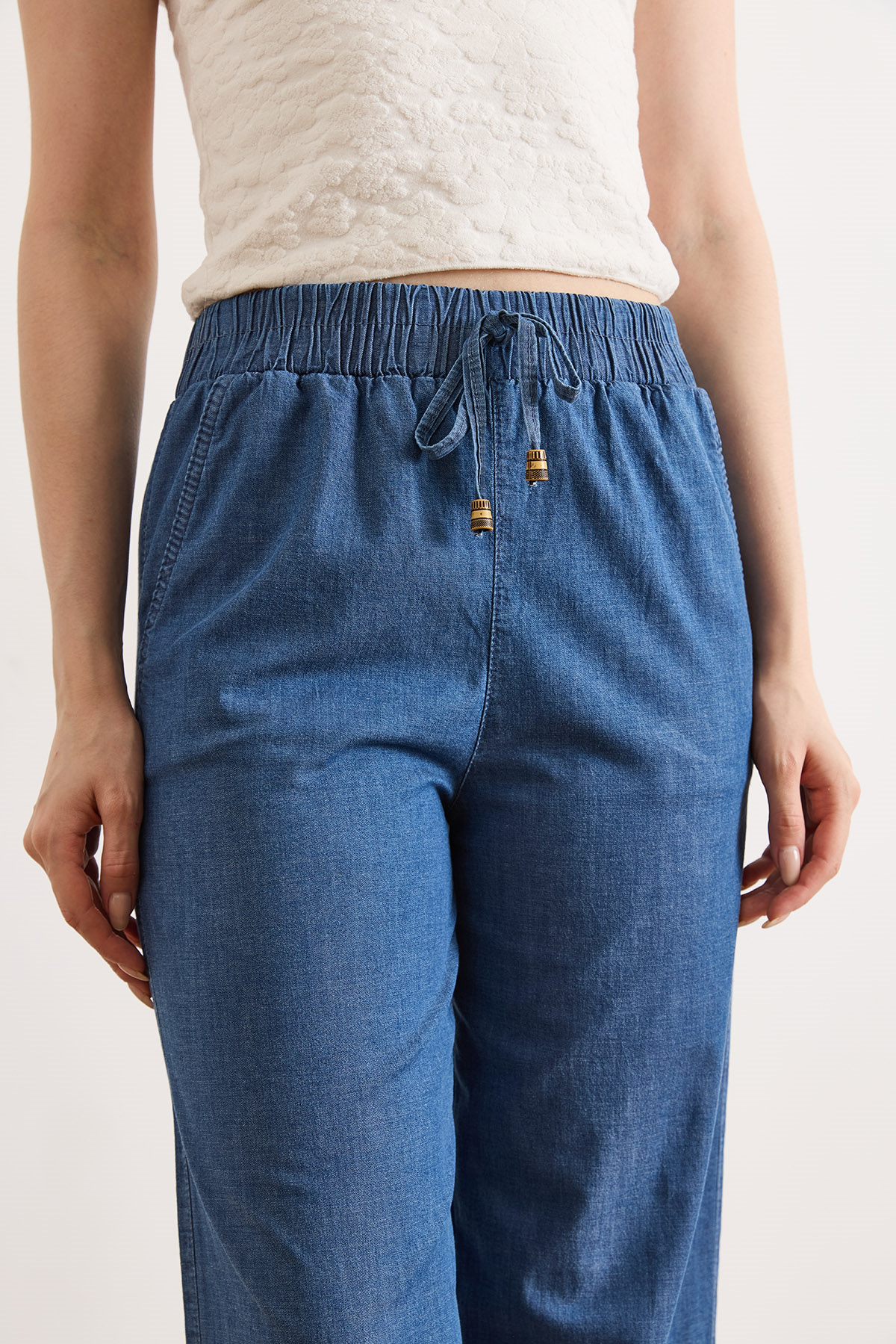 Beli Lastikli Bol Paça Denim Pantolon Mavi