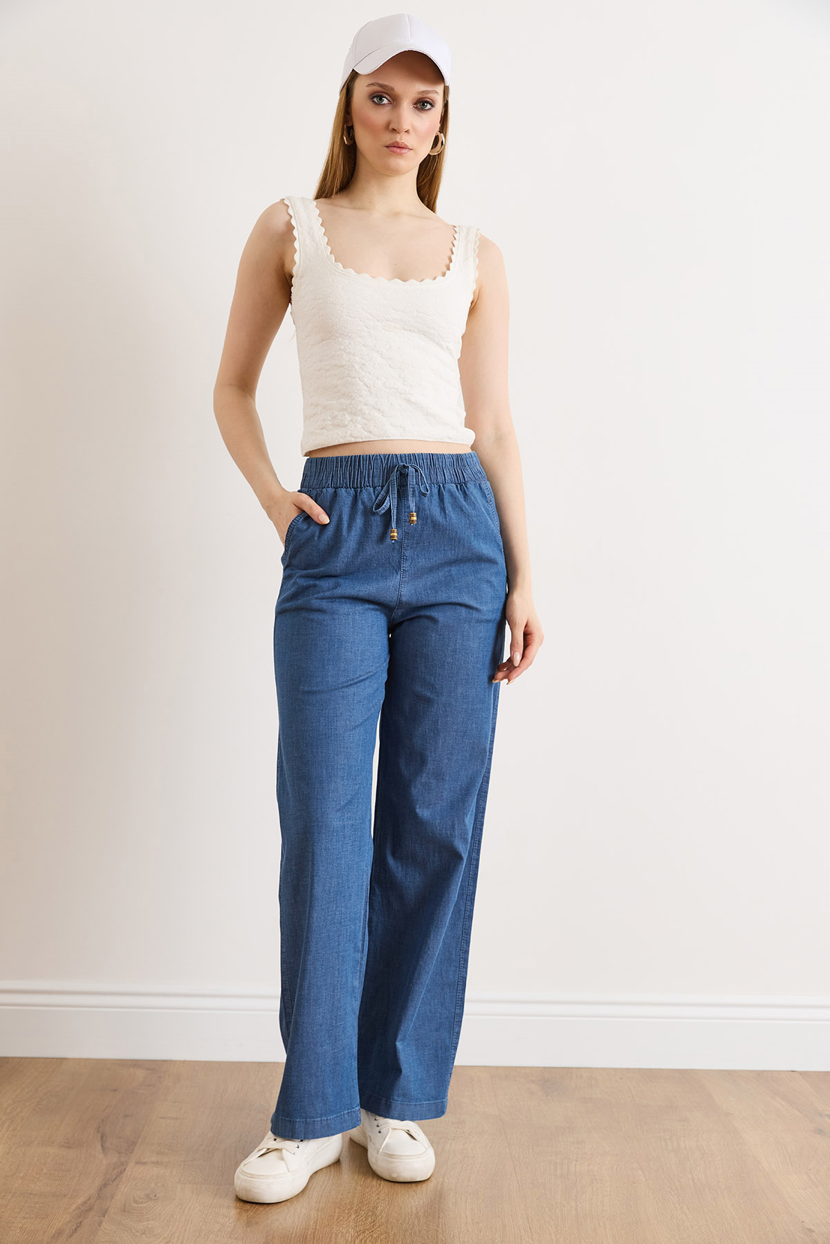 Beli Lastikli Bol Paça Denim Pantolon Mavi