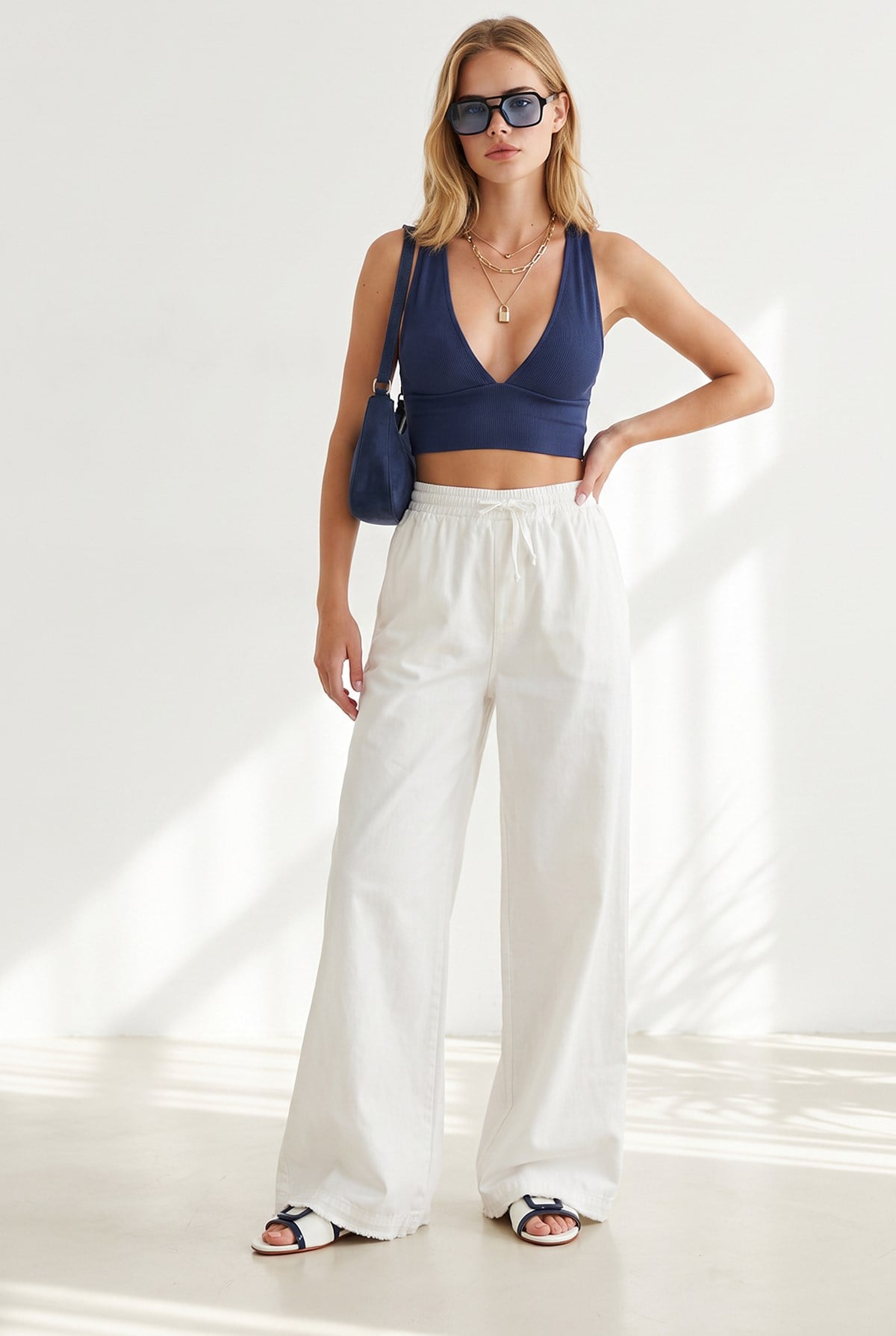 Beli Lastikli Cepli Gabardin Püsküllü Pantolon Beyaz
