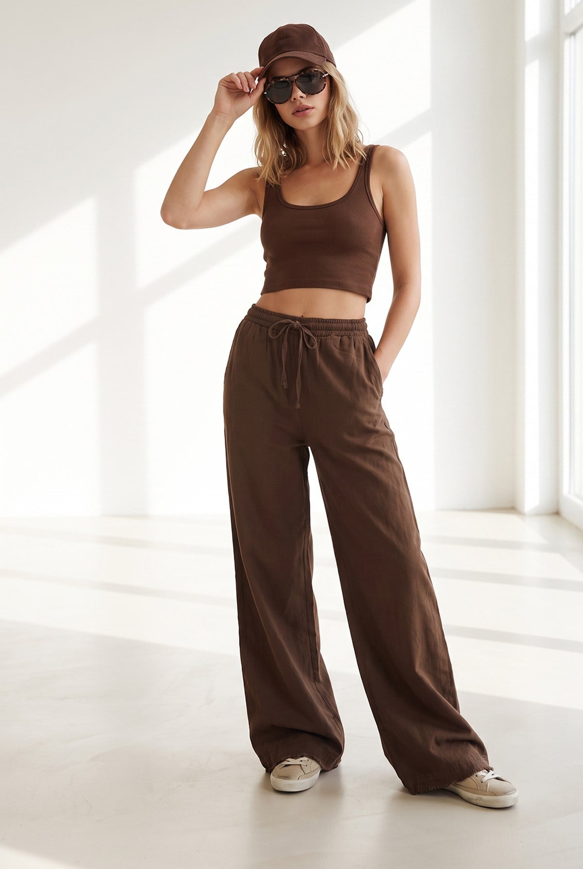 Beli Lastikli Cepli Gabardin Püsküllü Pantolon Kahverengi