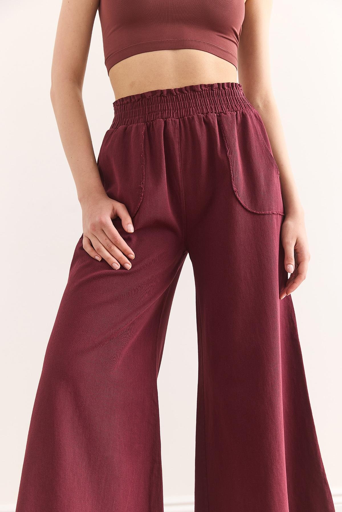 Beli Lastikli Cepli İspanyol Paça Pamuk Gabardin Pantolon Bordo