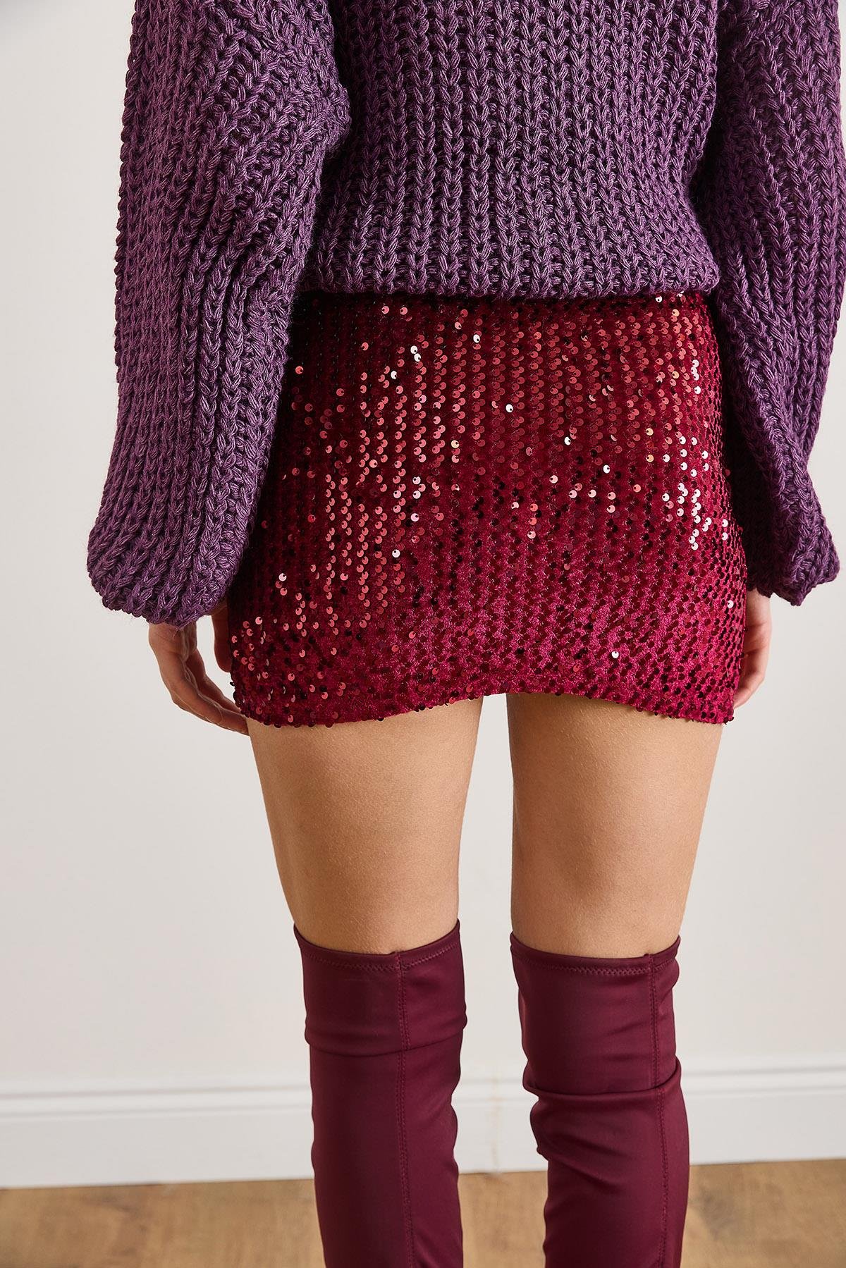 Beli Lastikli Pul Payet Mini Etek Bordo