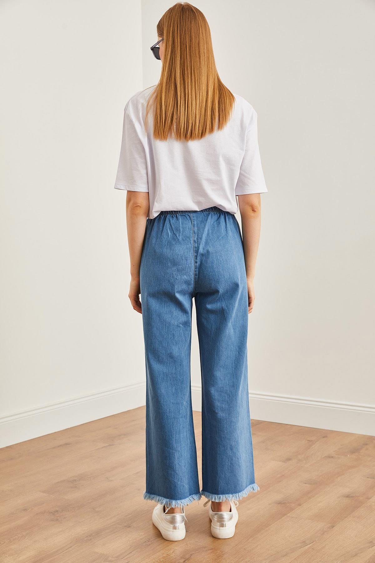 Beli Lastikli Püsküllü Denim Pantolon Mavi