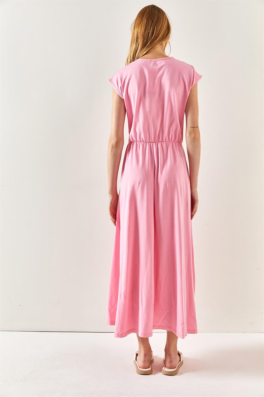 Beli Lastikli Yarasa Penye Elbise Pembe