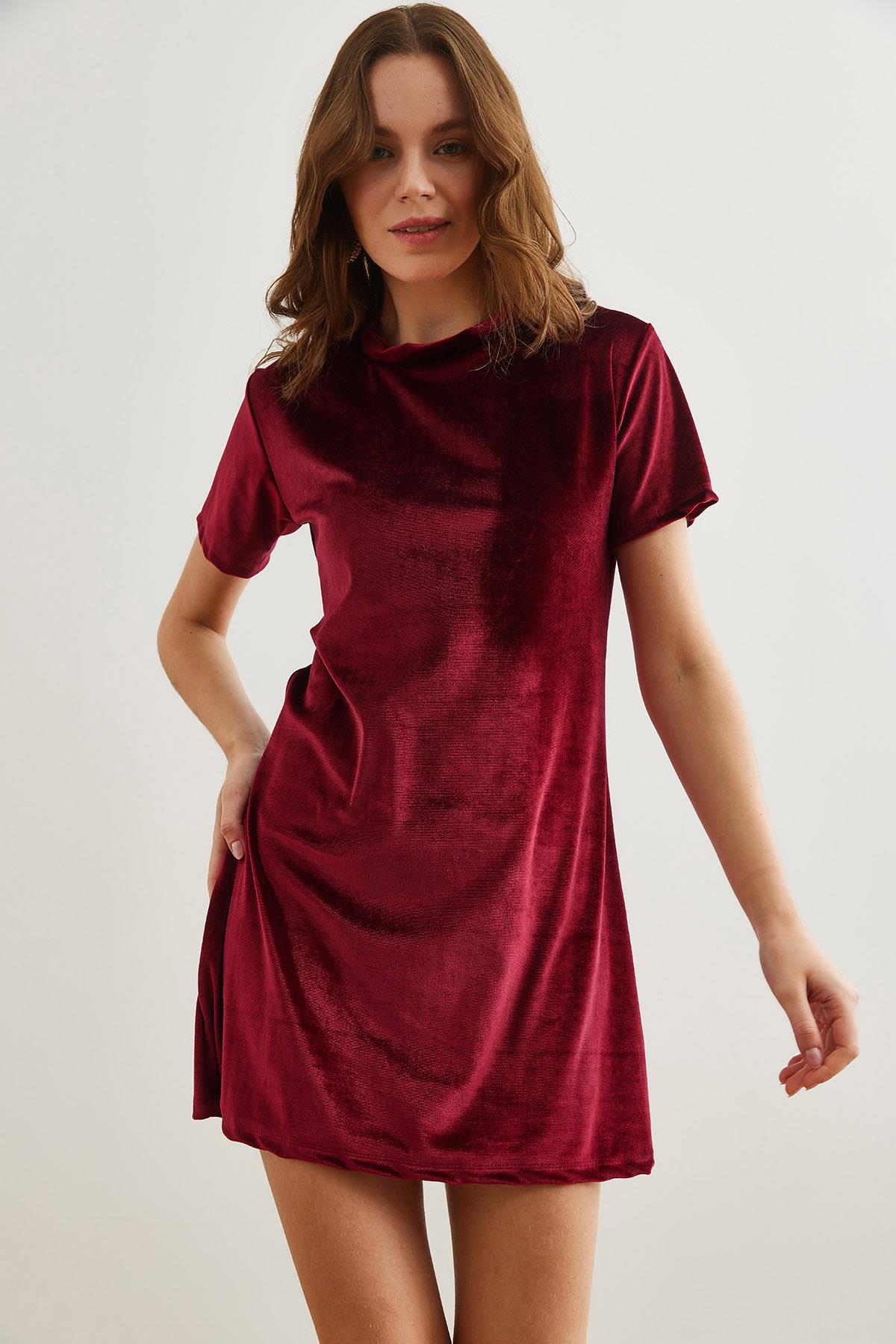 Bisiklet Yaka Basic Mini Kadife Elbise Bordo