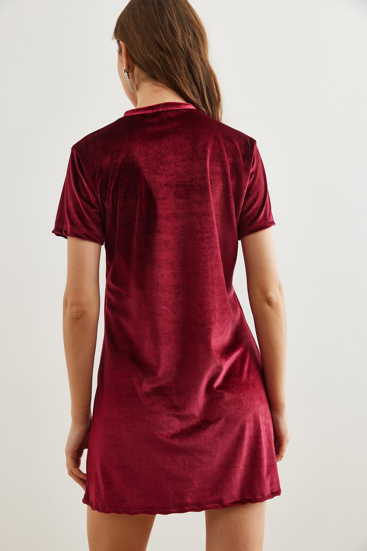 Bisiklet Yaka Basic Mini Kadife Elbise Bordo
