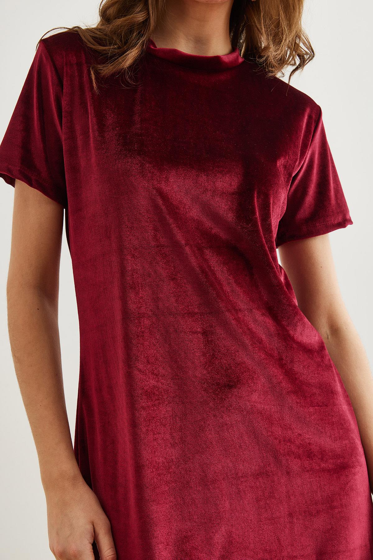 Bisiklet Yaka Basic Mini Kadife Elbise Bordo
