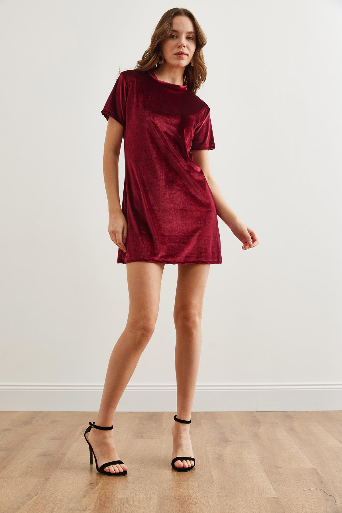 Bisiklet Yaka Basic Mini Kadife Elbise Bordo