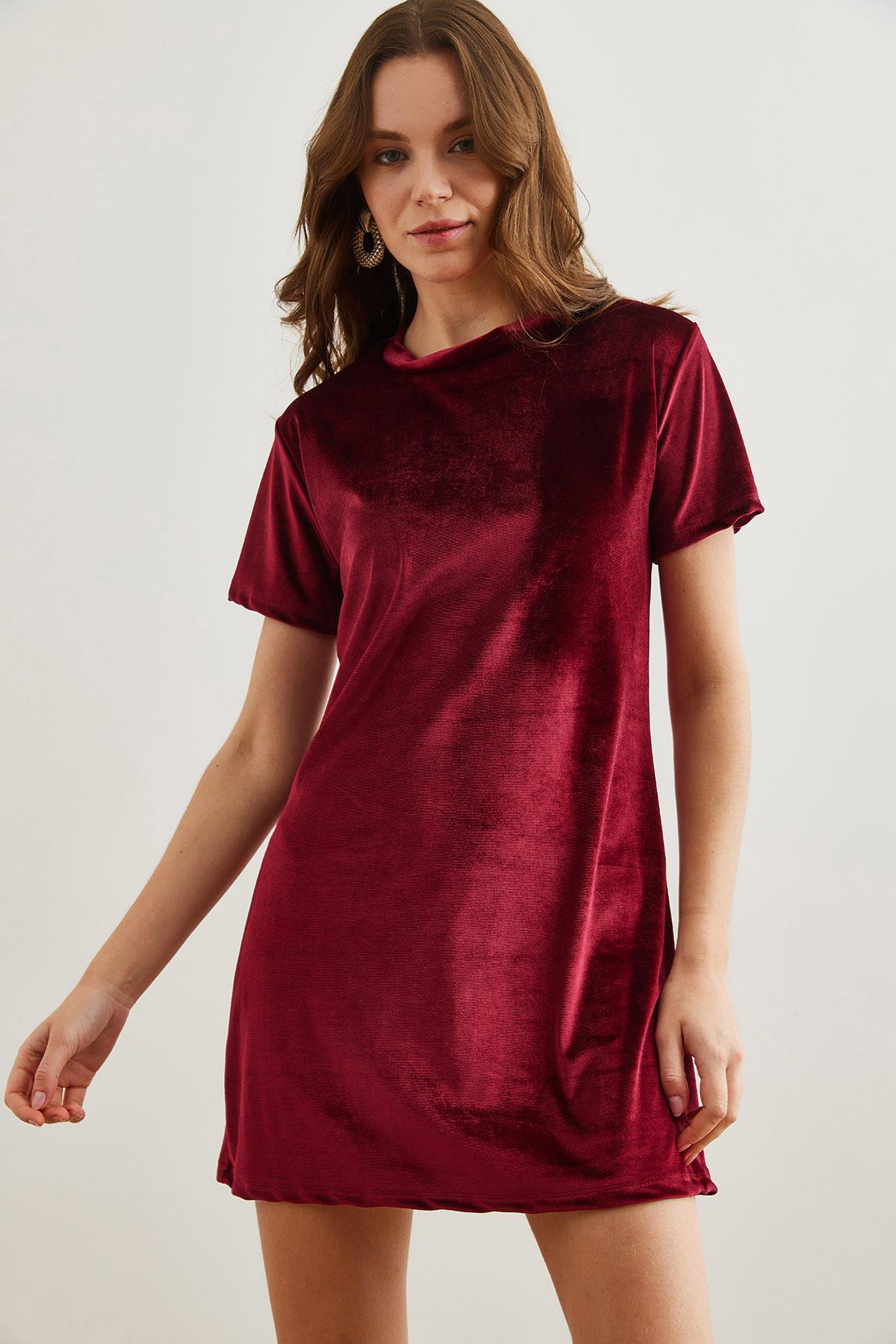Bisiklet Yaka Basic Mini Kadife Elbise Bordo