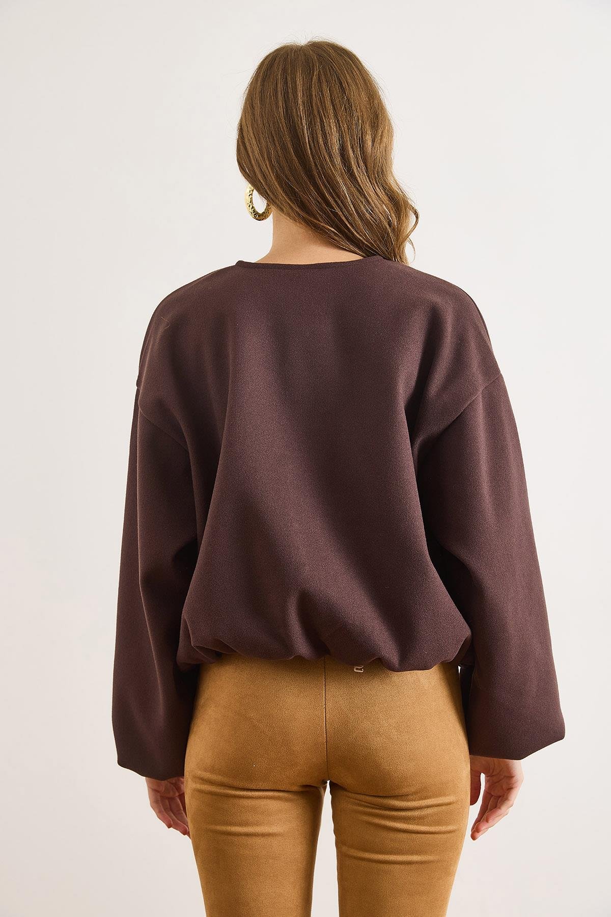 Bisiklet Yaka Cepli Astarlı Kaşe Ceket Kahverengi