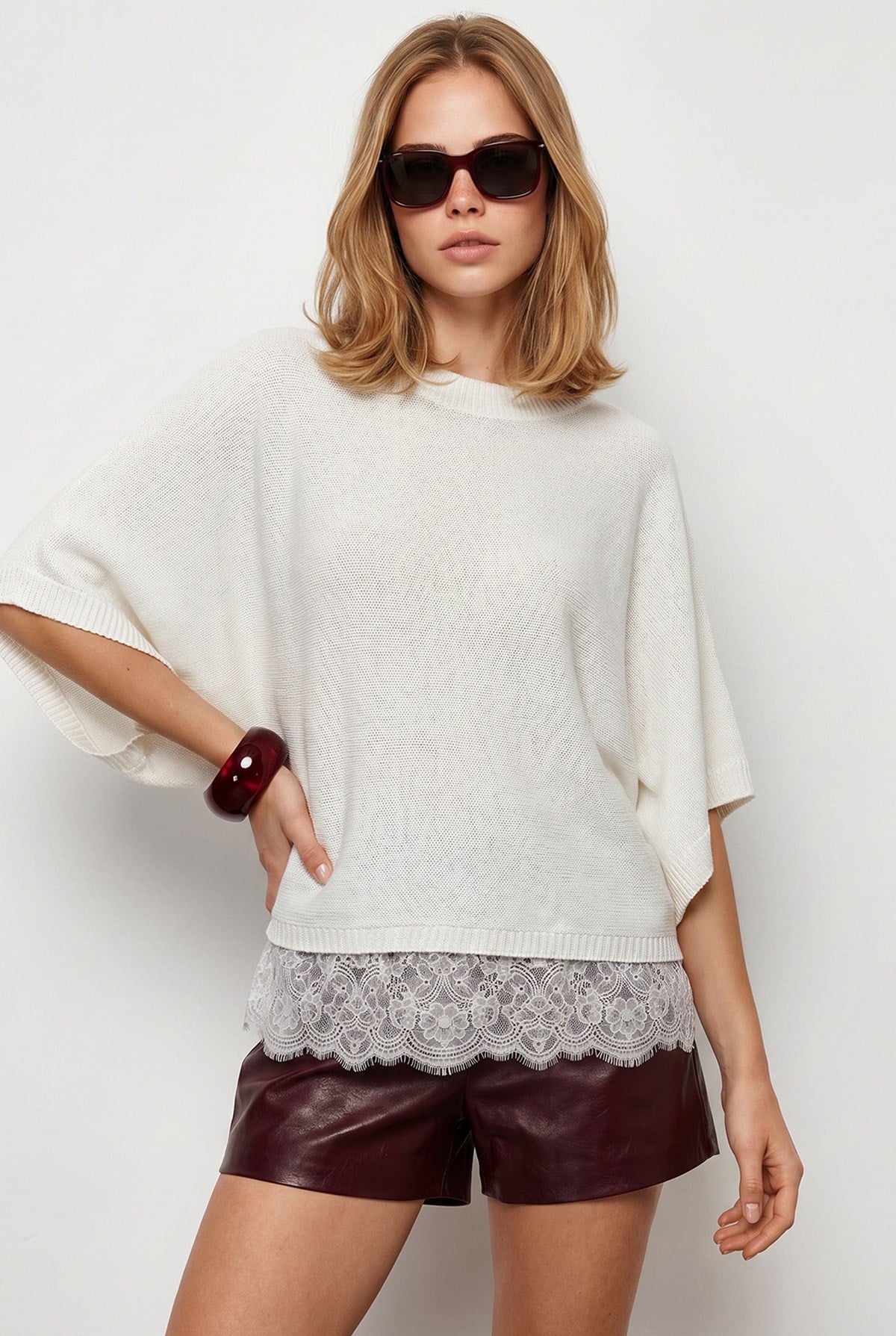 Bisiklet Yaka Dantel Detaylı Loose Fit Triko Bluz Beyaz