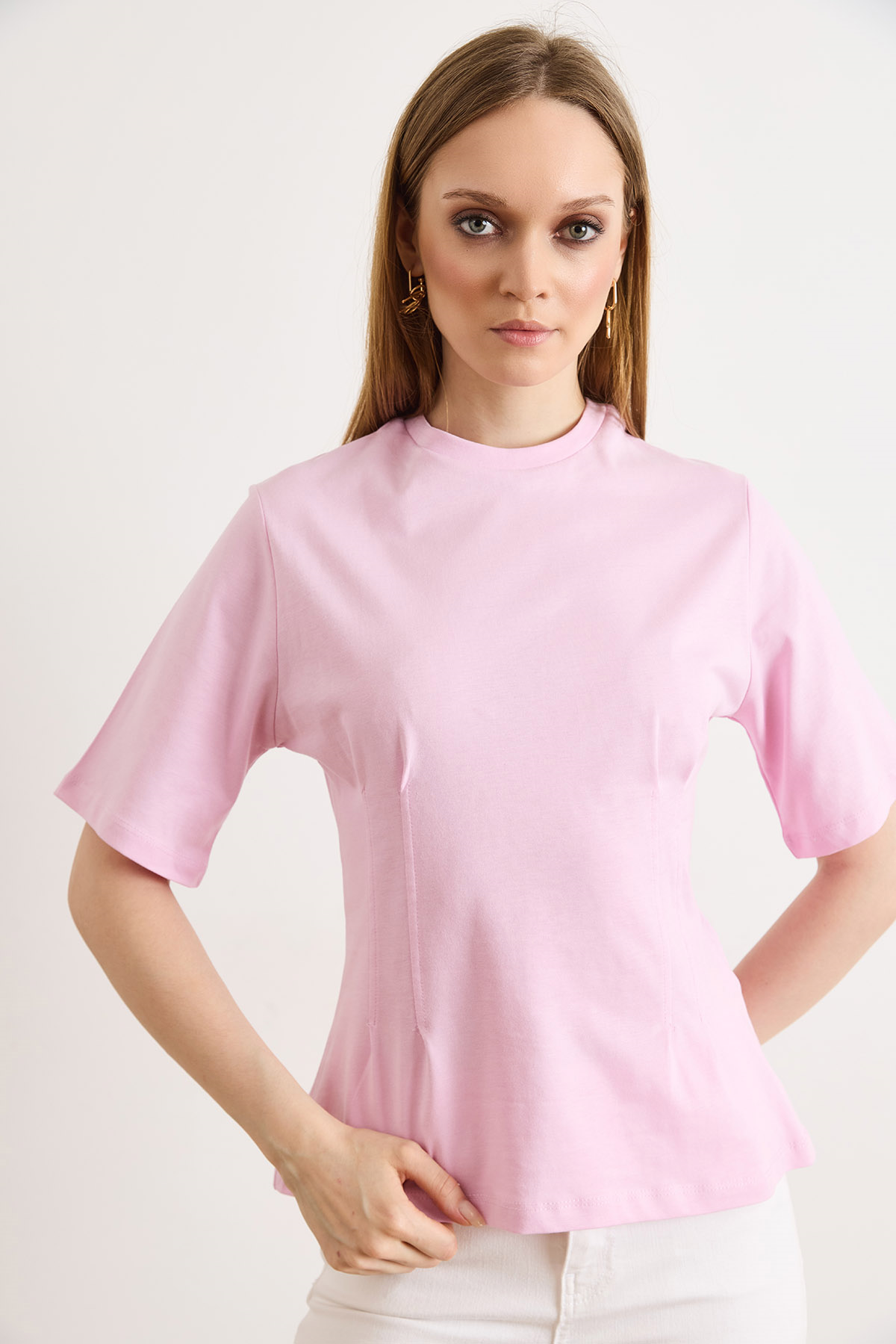 Bisiklet Yaka Pamuk Peplum Tişört Pembe