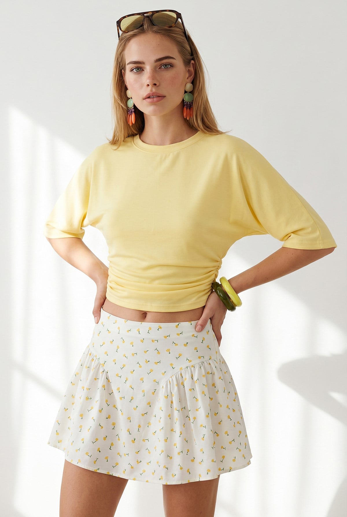 Bisiklet Yaka Yarasa Drape Detaylı Crop Bluz Sarı