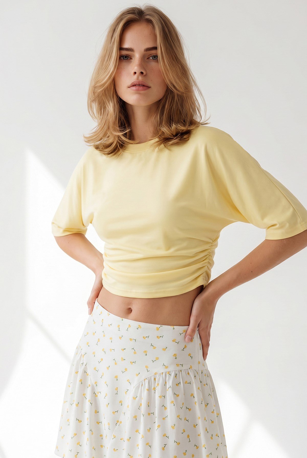Bisiklet Yaka Yarasa Drape Detaylı Crop Bluz Sarı