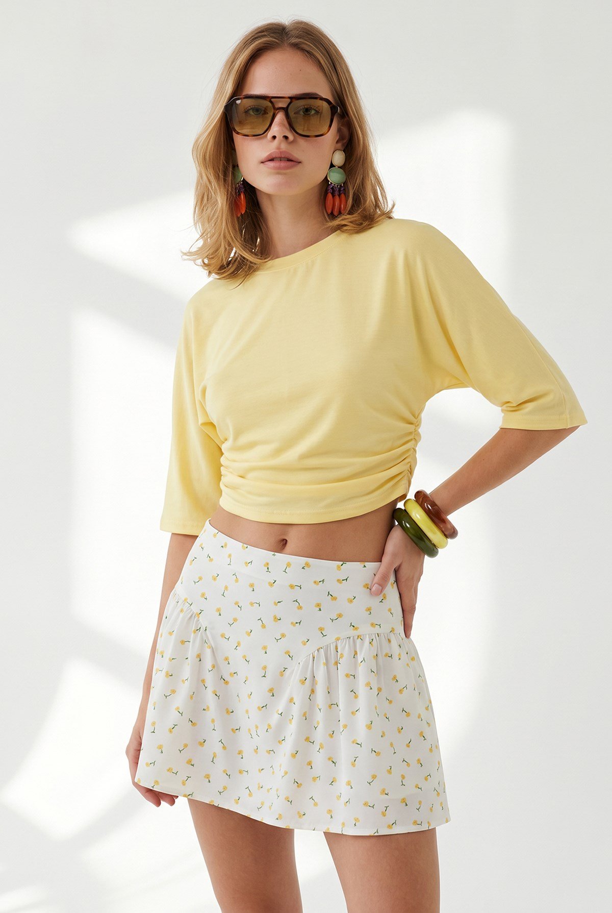 Bisiklet Yaka Yarasa Drape Detaylı Crop Bluz Sarı