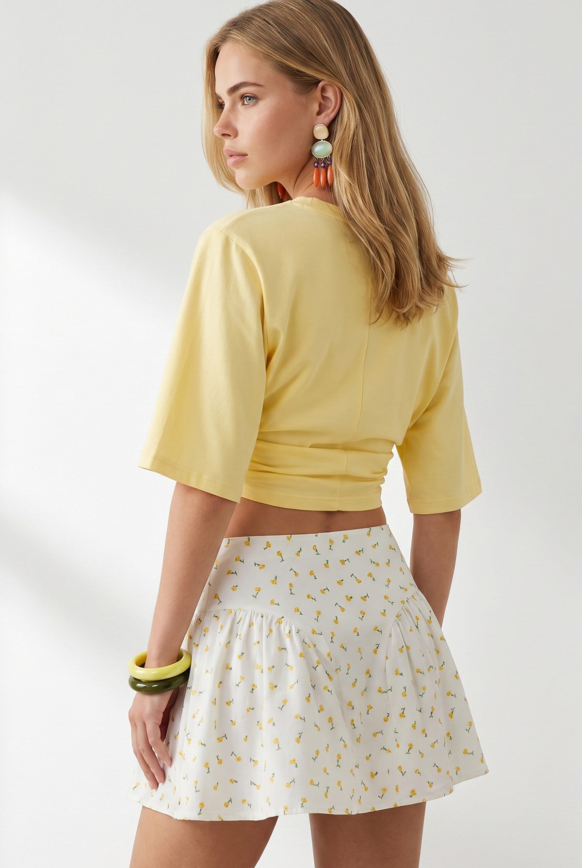 Bisiklet Yaka Yarasa Drape Detaylı Crop Bluz Sarı