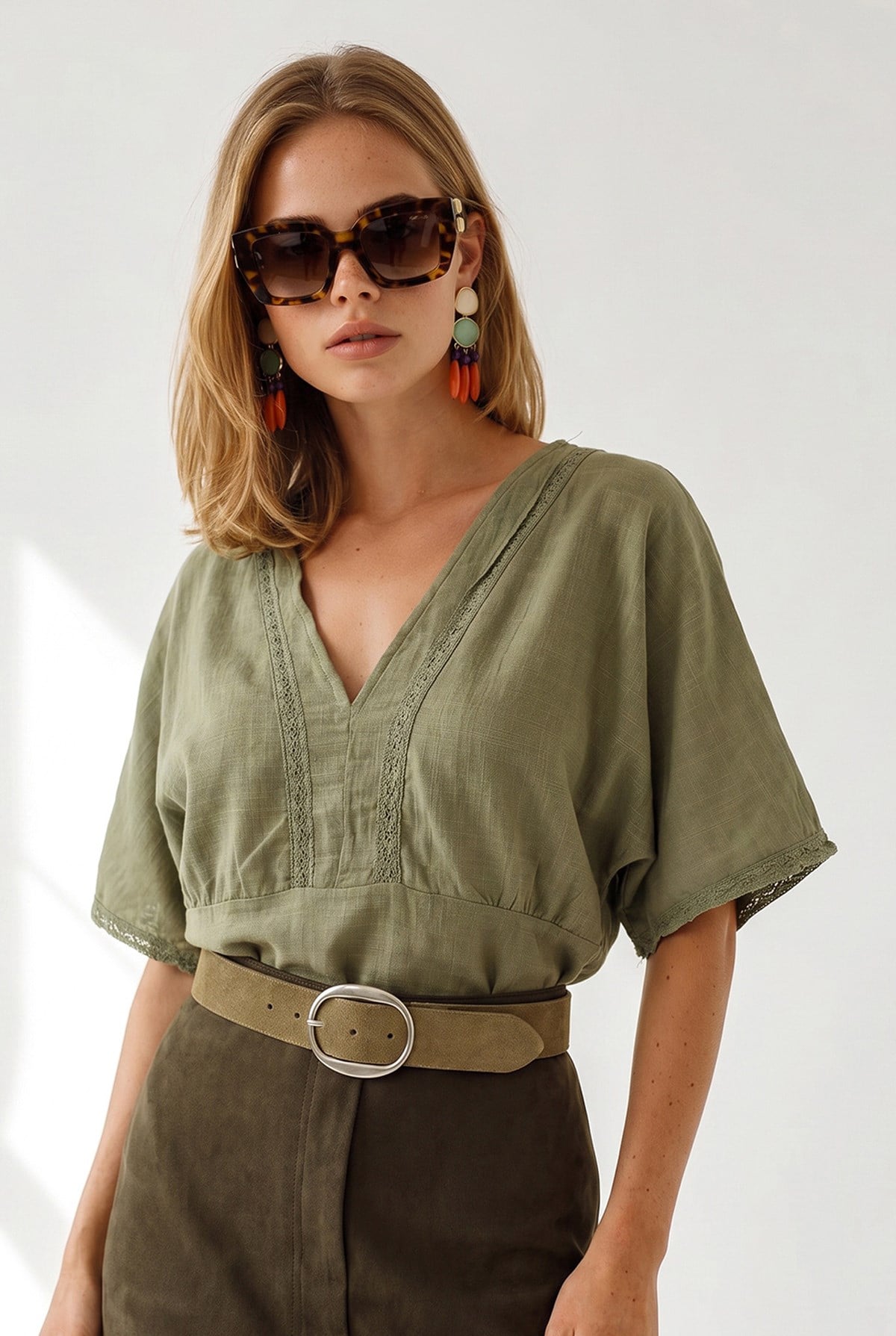 Boho Dantel Detaylı Flam Pamuk Bluz Haki