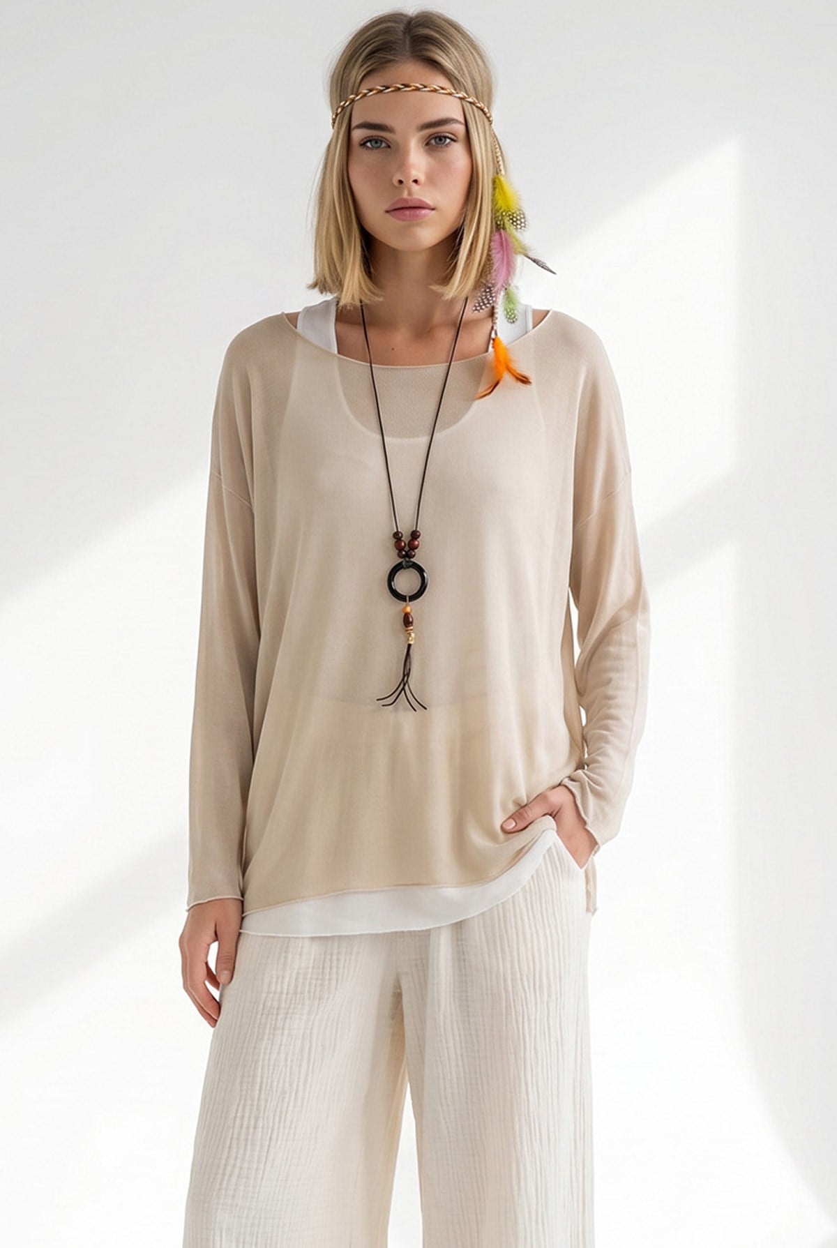 Boho Kolyeli 2 Li Loose Fit Bluz Bej