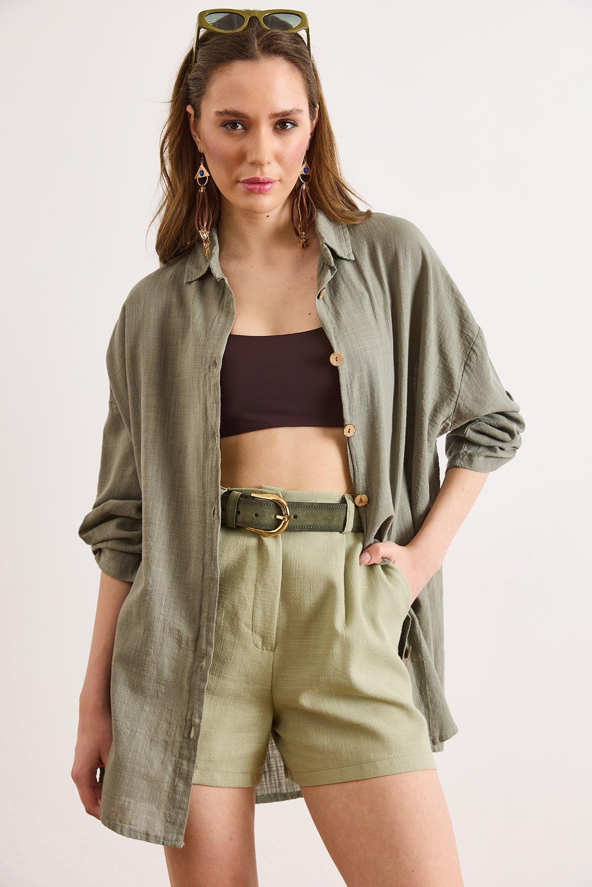 Boho Yanları Düğmeli Yıkamalı %100 Pamuk Loose Fit Gömlek Haki