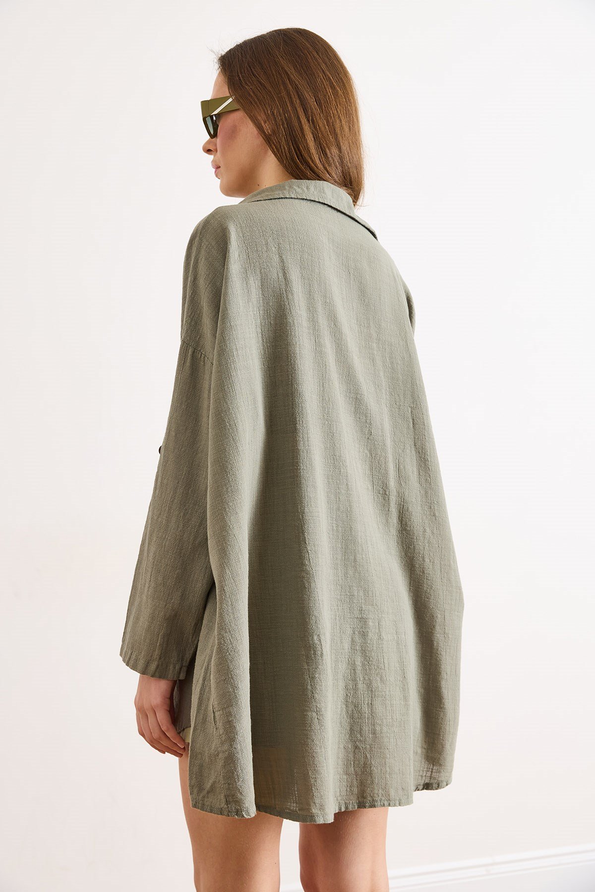 Boho Yanları Düğmeli Yıkamalı %100 Pamuk Loose Fit Gömlek Haki