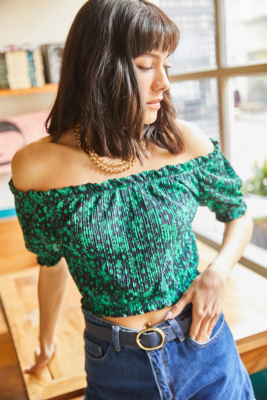 Carmen Yaka Crop Örme Bluz Çimen Yeşili