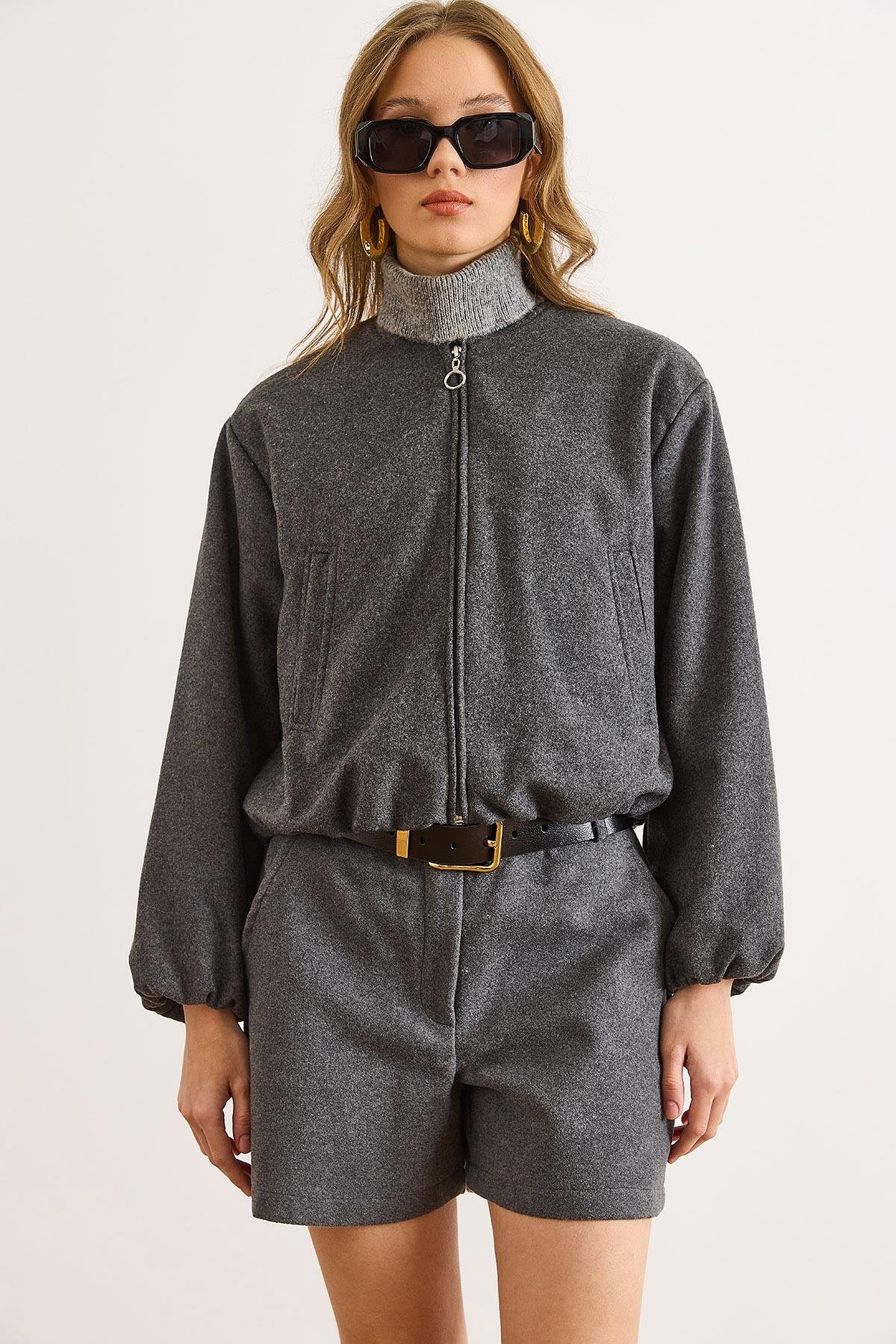 Cepli Astarlı Bisiklet Yaka Crop Kaşe Ceket Füme