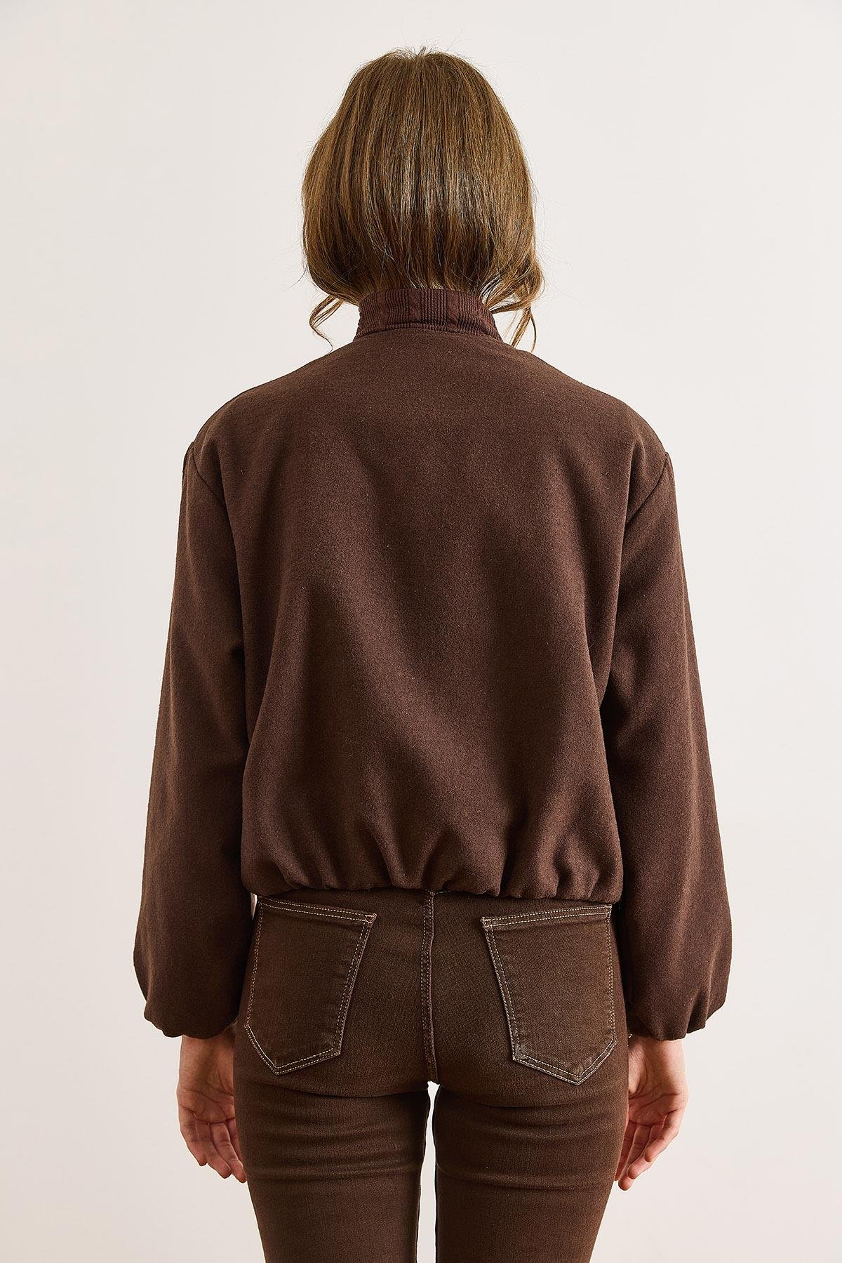 Cepli Astarlı Bisiklet Yaka Crop Kaşe Ceket Kahverengi