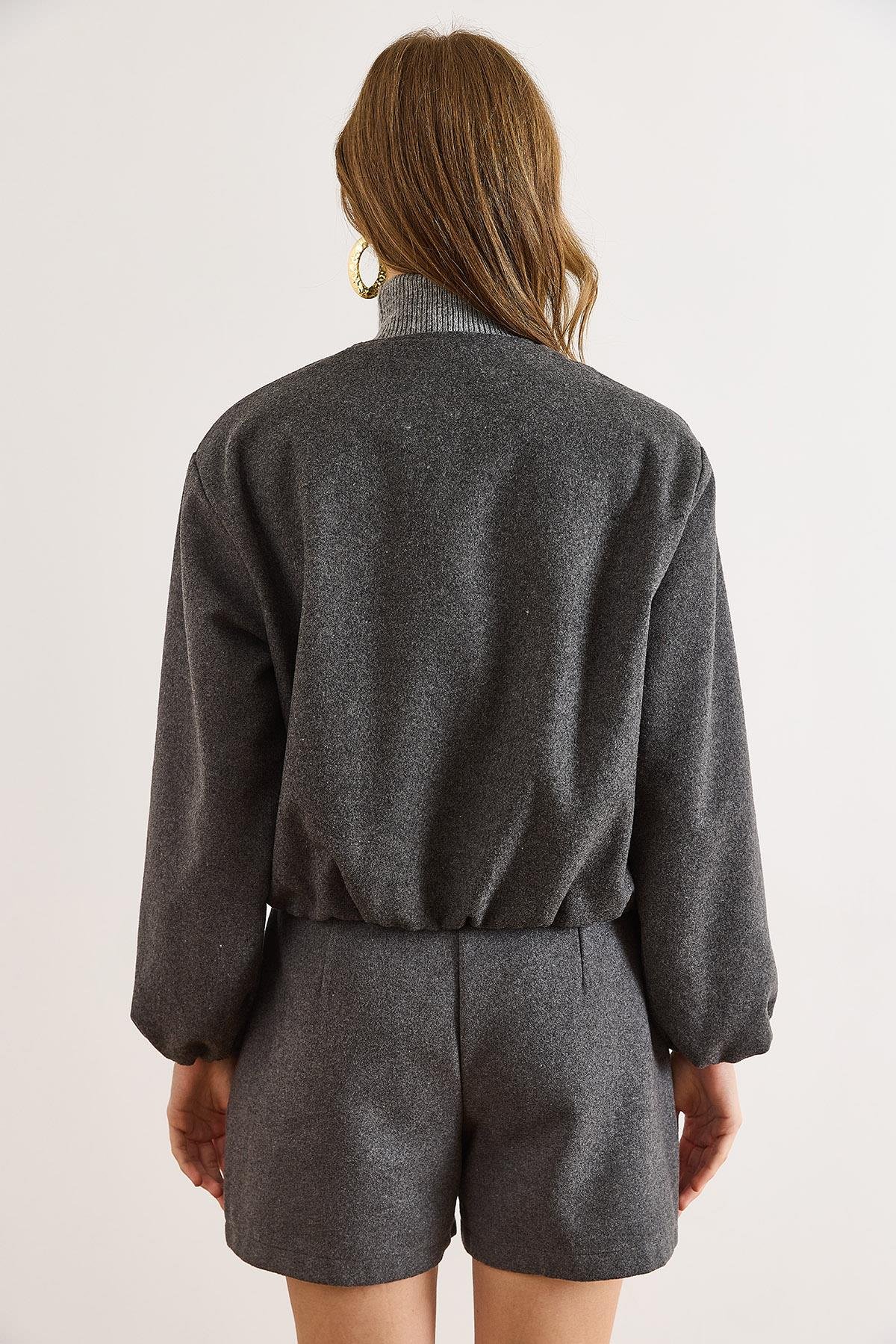 Cepli Astarlı Bisiklet Yaka Crop Kaşe Ceket Füme