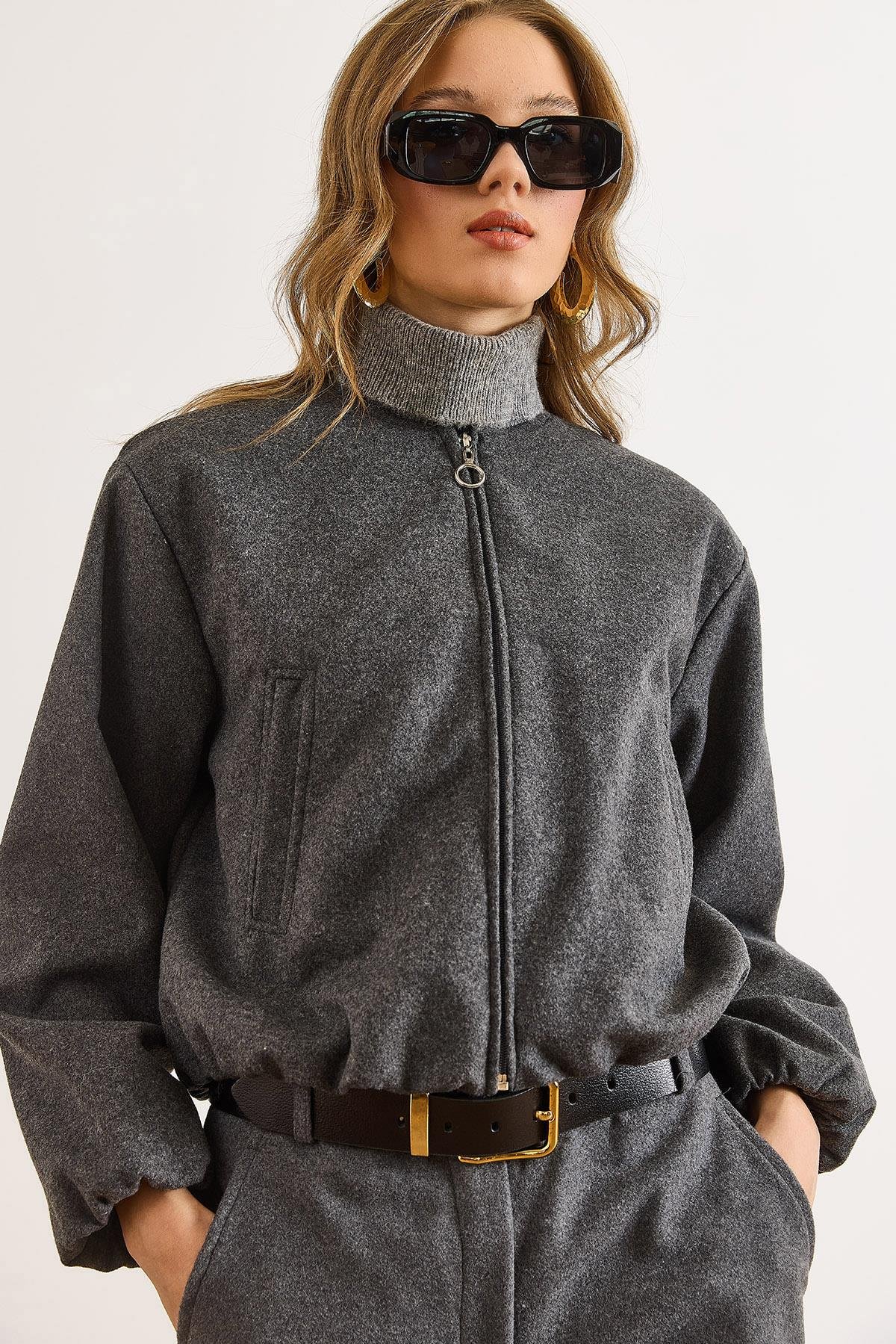 Cepli Astarlı Bisiklet Yaka Crop Kaşe Ceket Füme