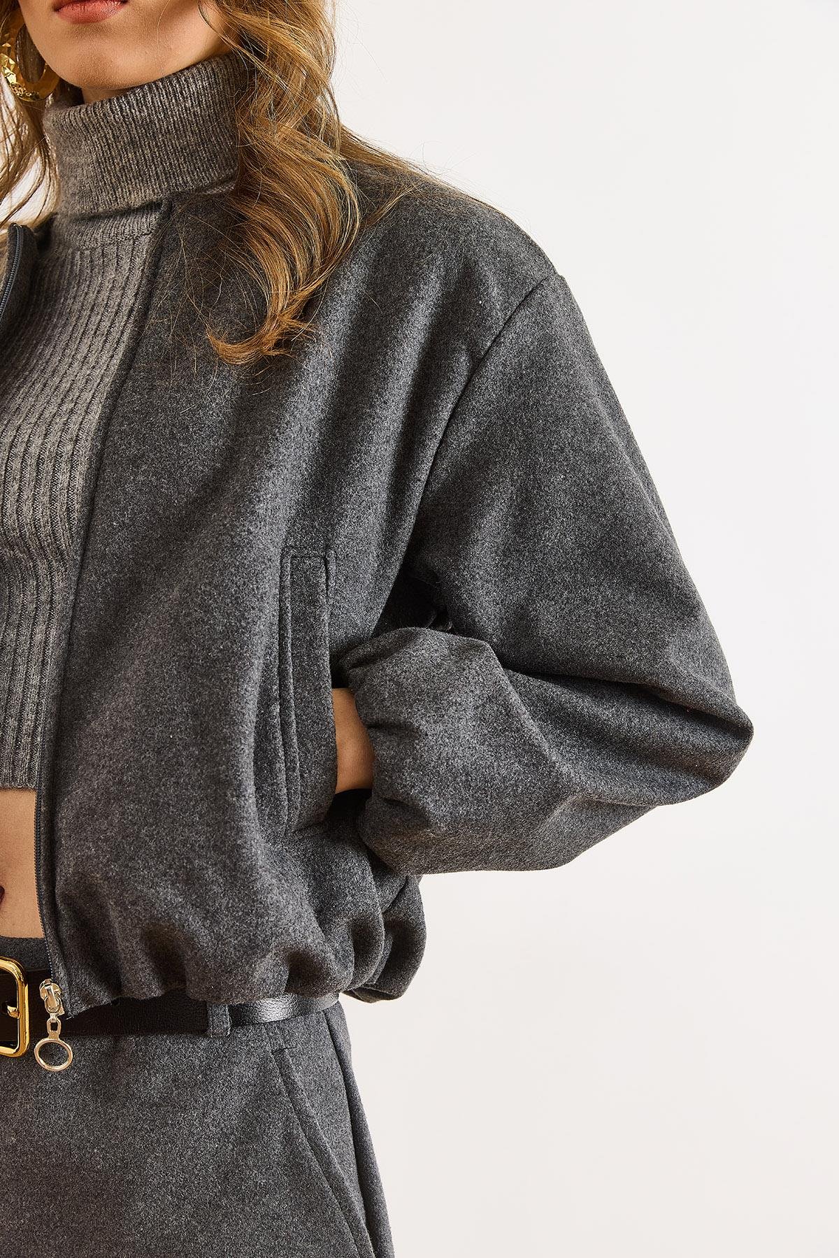 Cepli Astarlı Bisiklet Yaka Crop Kaşe Ceket Füme