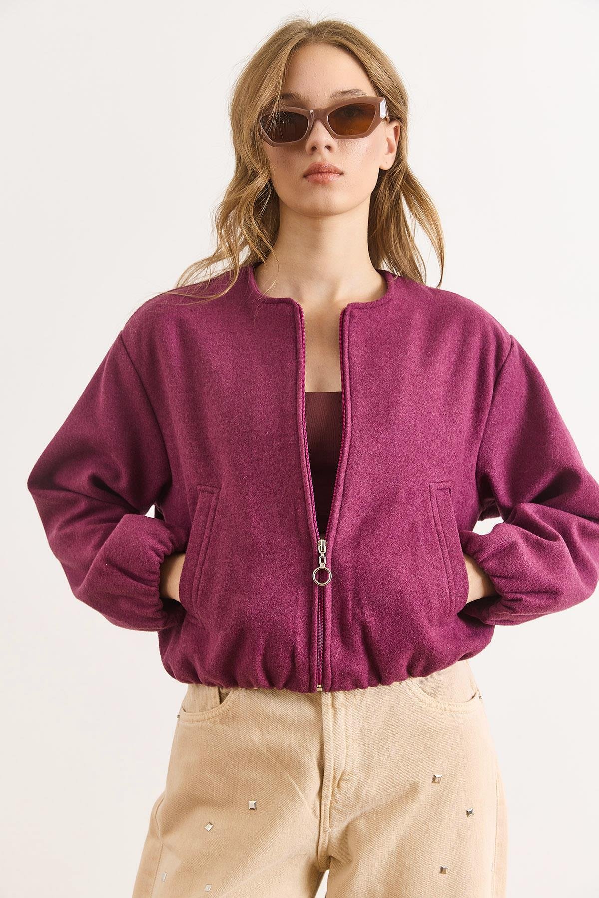 Cepli Astarlı Bisiklet Yaka Crop Kaşe Ceket Mor