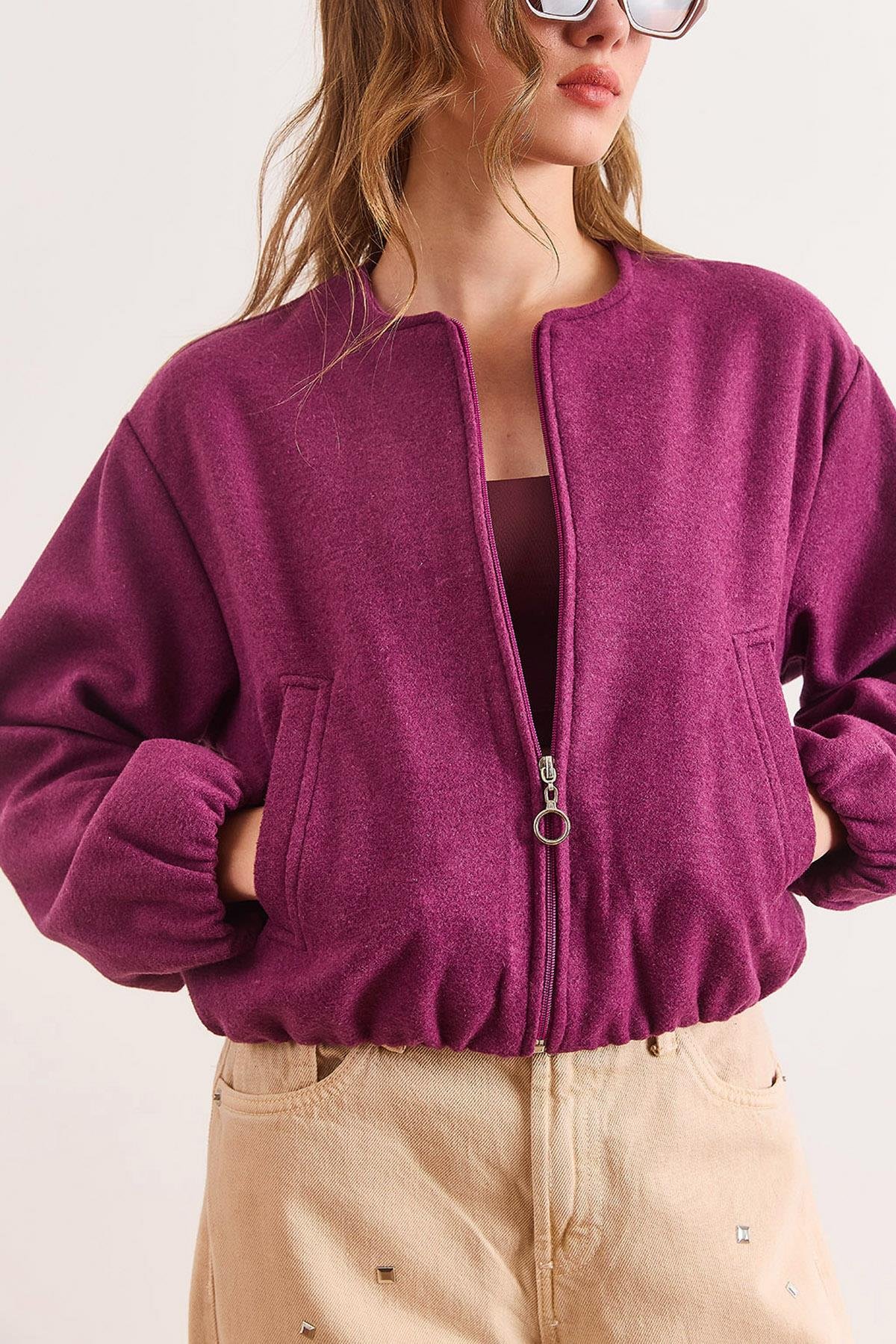 Cepli Astarlı Bisiklet Yaka Crop Kaşe Ceket Mor